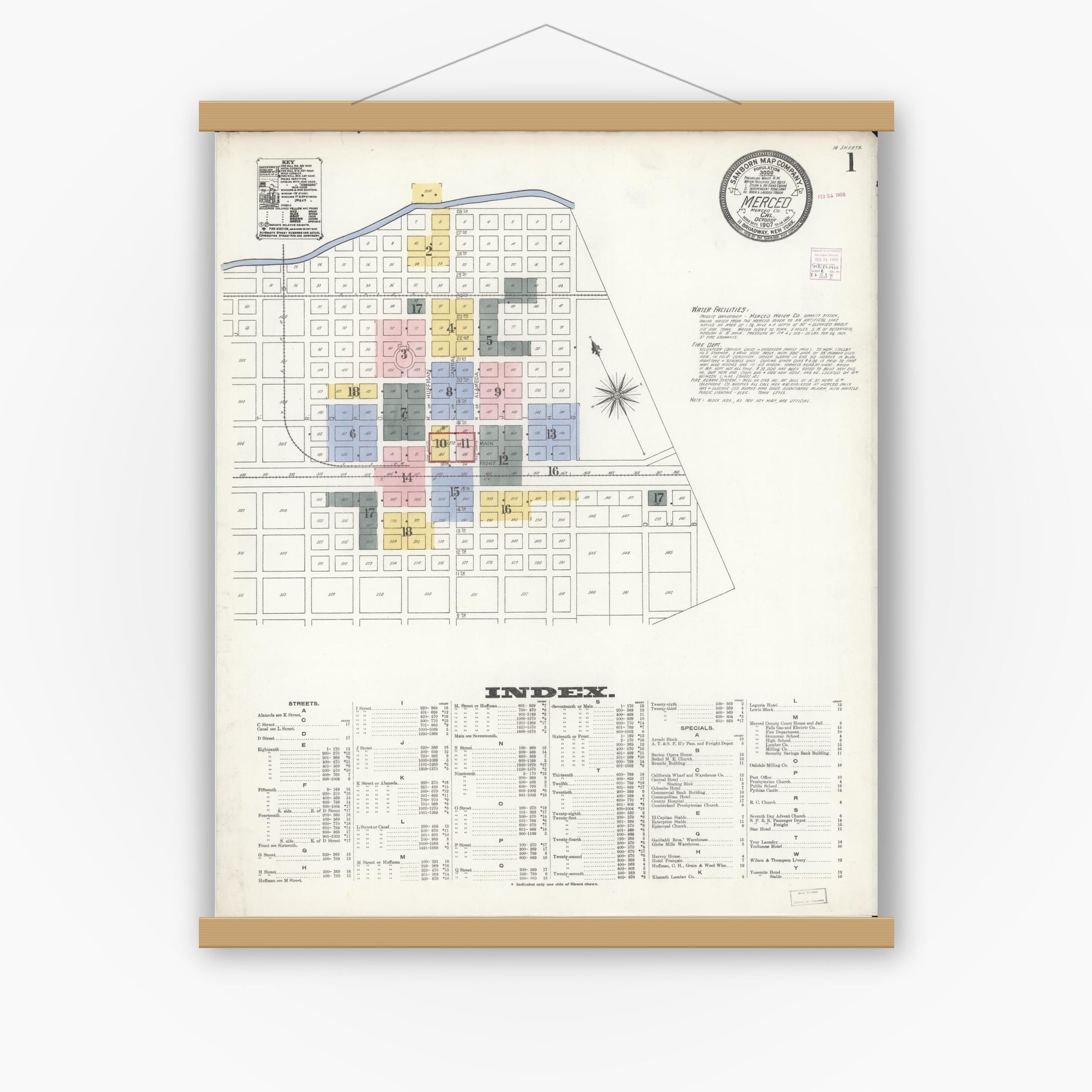 Old map wall art mockup — magnetic wood frame on white wall — Sanborn Fire Insurance Map from Merced, Merced County, California (1907) - Complete Map Set