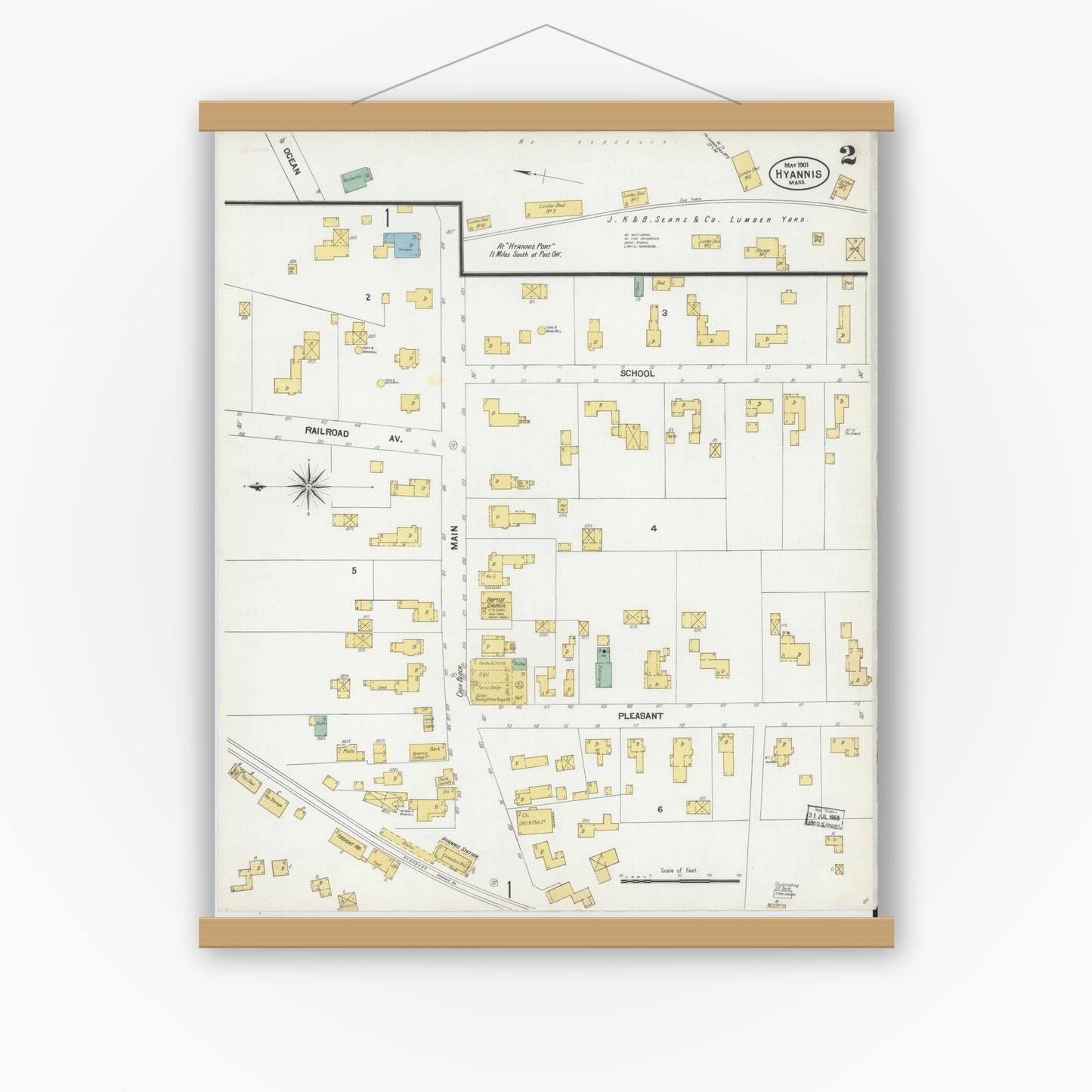 Old map wall art mockup — magnetic wood frame on white wall — Sanborn Fire Insurance Map from Hyannis, Barnstable County, Massachusetts (1901), Sheet #0003