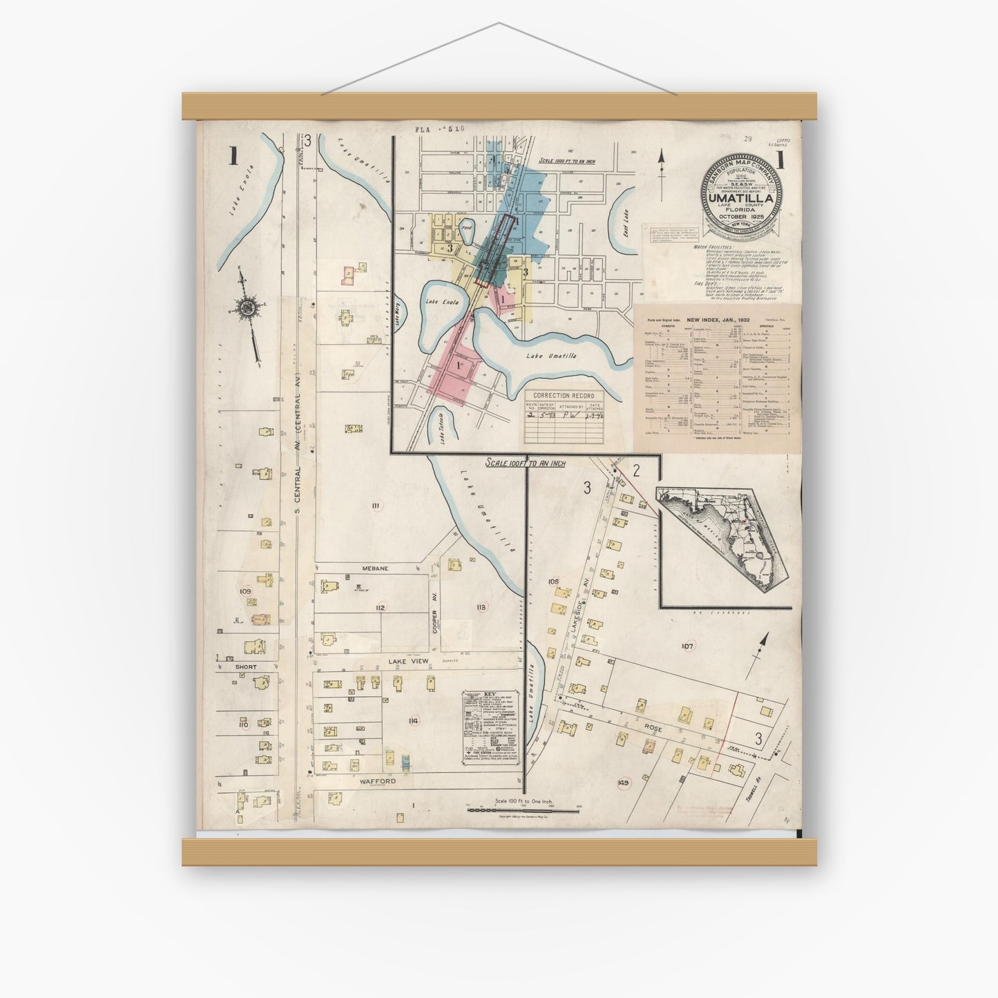 Old map wall art mockup — magnetic wood frame on white wall — Sanborn Fire Insurance Map from Umatilla, Lake County, Florida (1943), Sheet #0001