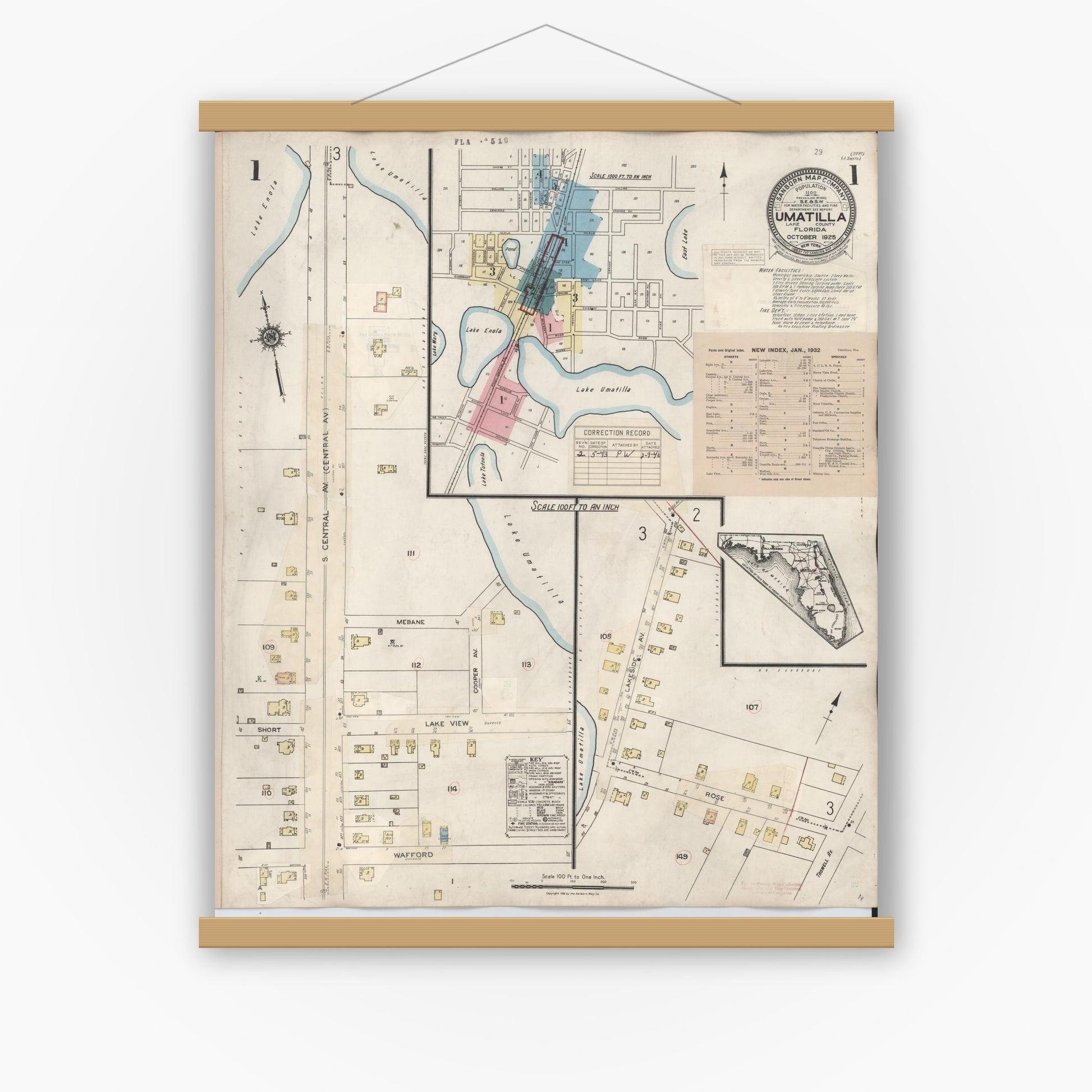 Old map wall art mockup — magnetic wood frame on white wall — Sanborn Fire Insurance Map from Umatilla, Lake County, Florida (1943), Sheet #0001