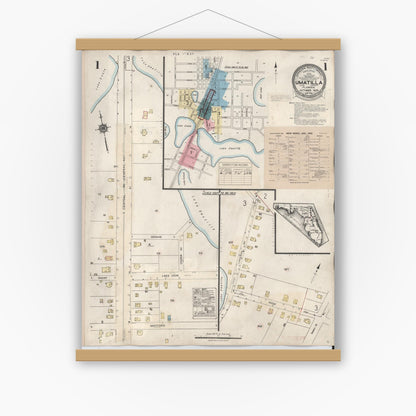 Old map wall art mockup — magnetic wood frame on white wall — Sanborn Fire Insurance Map from Umatilla, Lake County, Florida (1943), Sheet #0001
