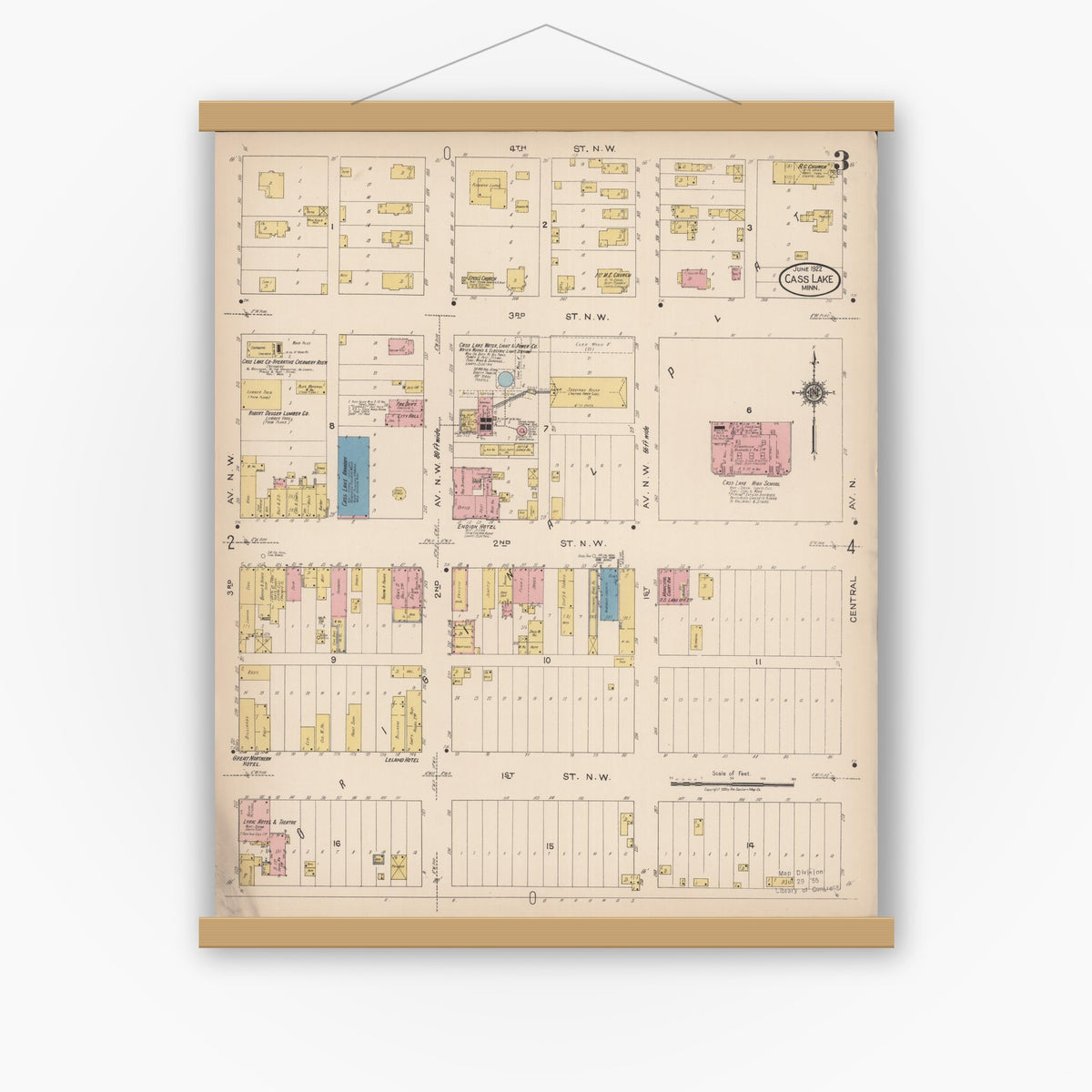 Old map wall art mockup — magnetic wood frame on white wall — Sanborn Fire Insurance Map from Cass Lake, Cass County, Minnesota (1922), Sheet #0003