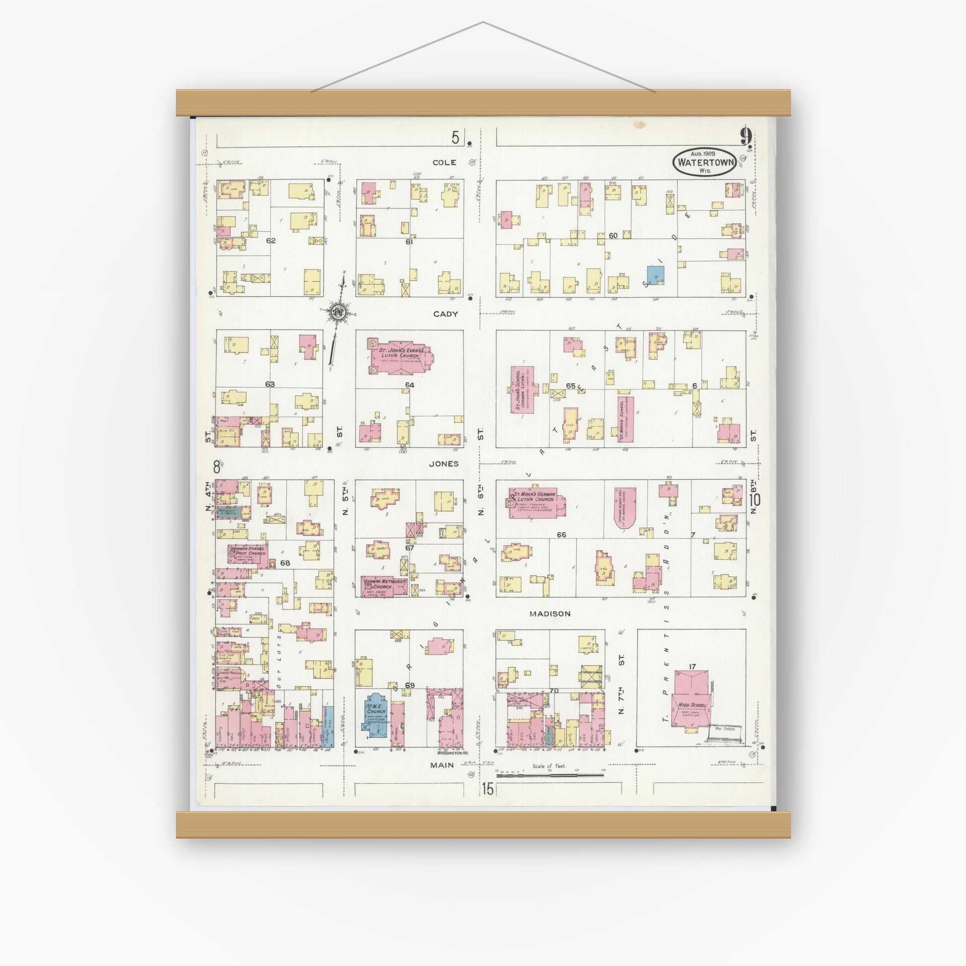 Old map wall art mockup — magnetic wood frame on white wall — Sanborn Fire Insurance Map from Watertown, Jefferson County, Wisconsin (1909), Sheet #0009