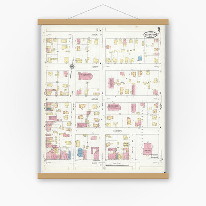 Old map wall art mockup — magnetic wood frame on white wall — Sanborn Fire Insurance Map from Watertown, Jefferson County, Wisconsin (1909), Sheet #0009