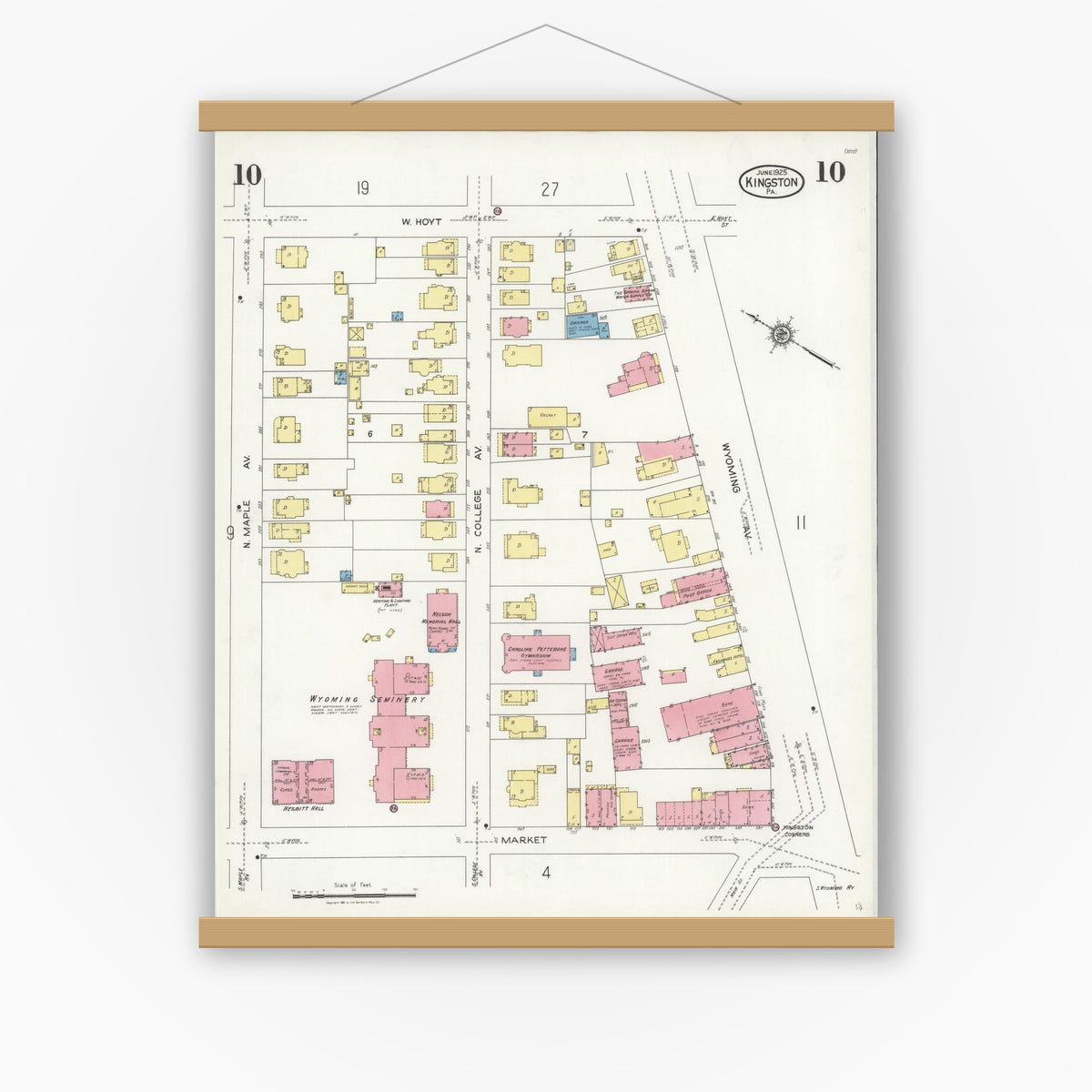 Old map wall art mockup — magnetic wood frame on white wall — Sanborn Fire Insurance Map from Kingston, Luzerne County, Pennsylvania (1925), Sheet #0010