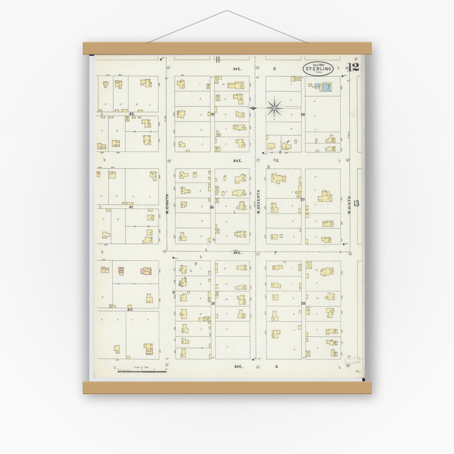 Old map wall art mockup — magnetic wood frame on white wall — Sanborn Fire Insurance Map from Sterling, Whiteside County, Illinois (1897), Sheet #0012