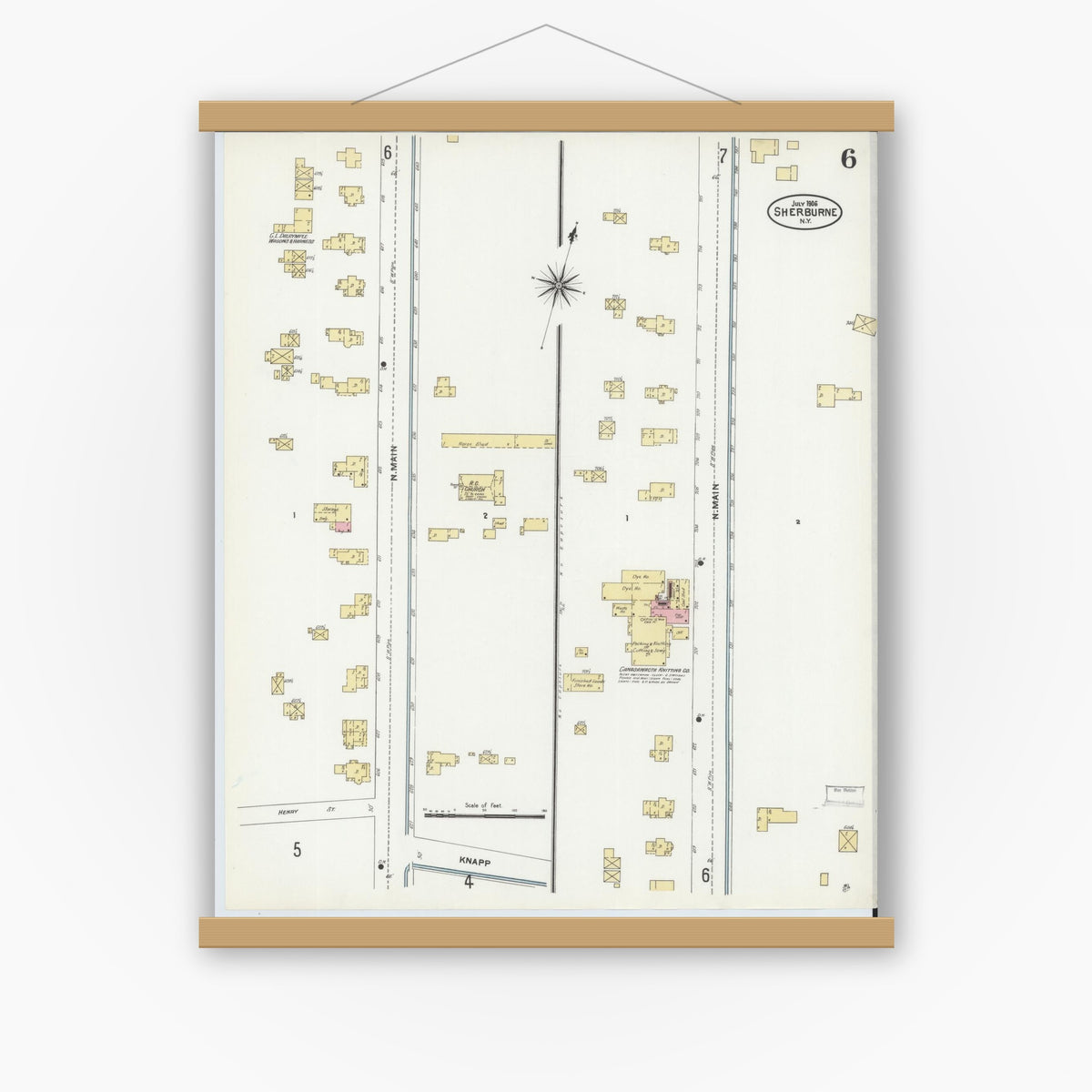 Old map wall art mockup — magnetic wood frame on white wall — Sanborn Fire Insurance Map from Sherburne, Chenango County, New York (1906), Sheet #0006