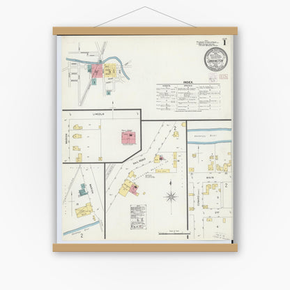 Old map wall art mockup — magnetic wood frame on white wall — Sanborn Fire Insurance Map from Cardington, Morrow County, Ohio (1903), Sheet #0001