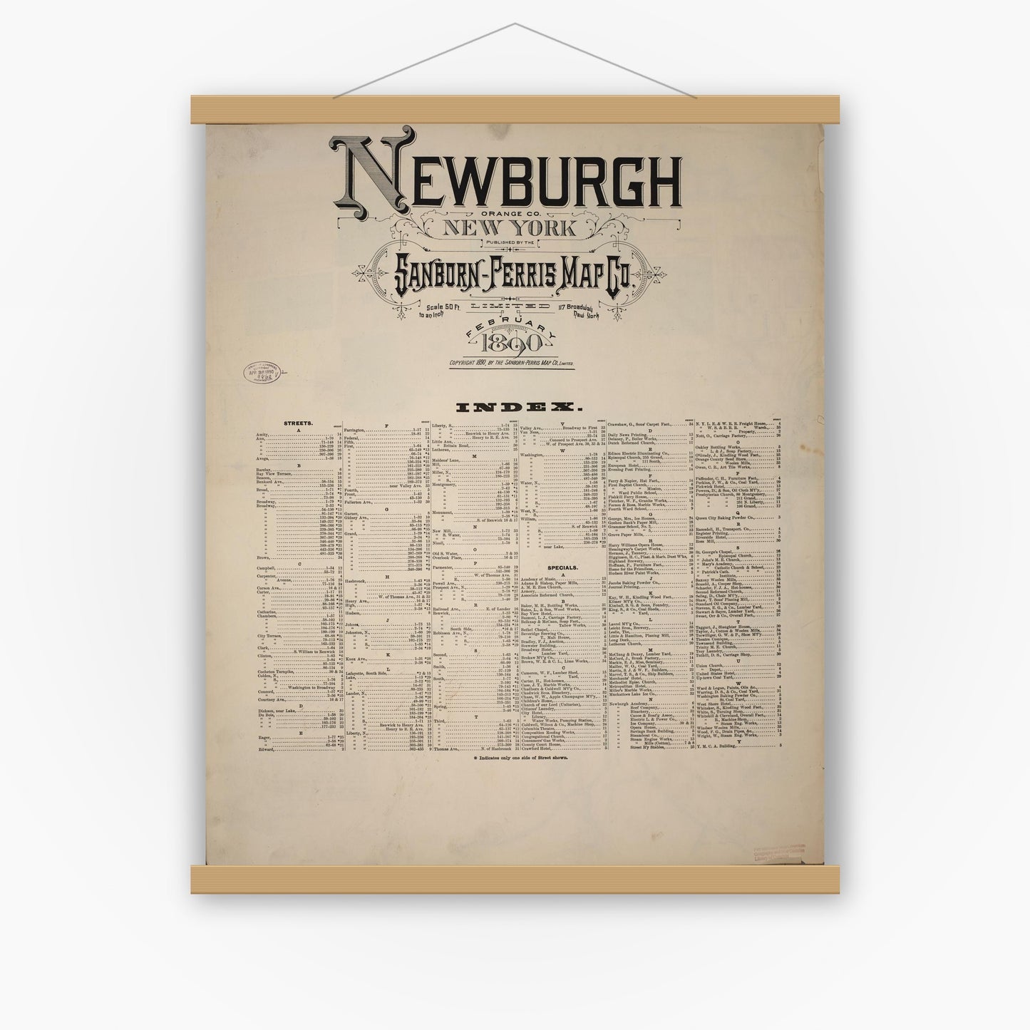 Old map wall art mockup — magnetic wood frame on white wall — Sanborn Fire Insurance Map from Newburgh, Orange County, New York (1890), Sheet #0001