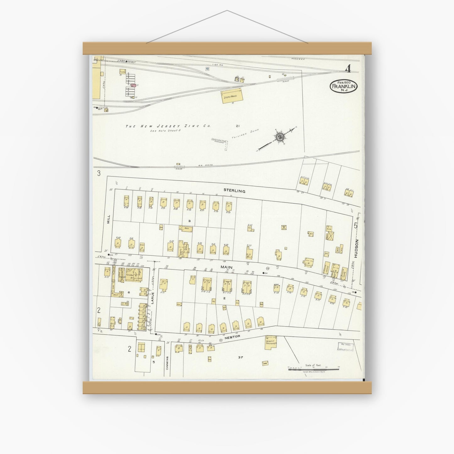 Old map wall art mockup — magnetic wood frame on white wall — Sanborn Fire Insurance Map from Franklin, Sussex County, New Jersey (1920), Sheet #0004