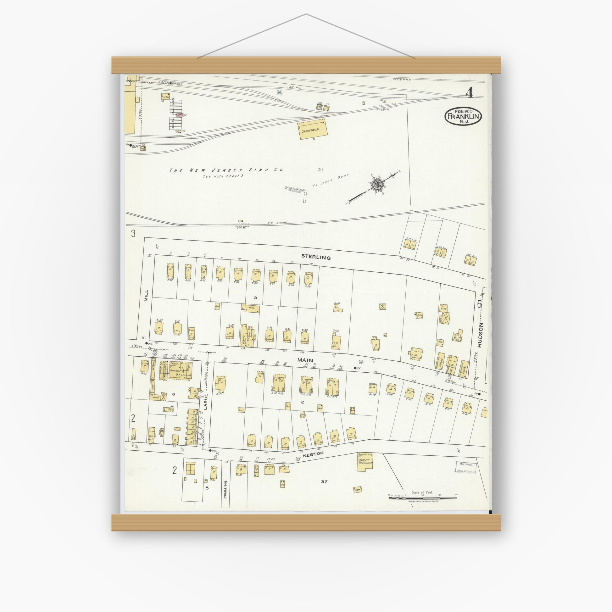 Old map wall art mockup — magnetic wood frame on white wall — Sanborn Fire Insurance Map from Franklin, Sussex County, New Jersey (1920), Sheet #0004