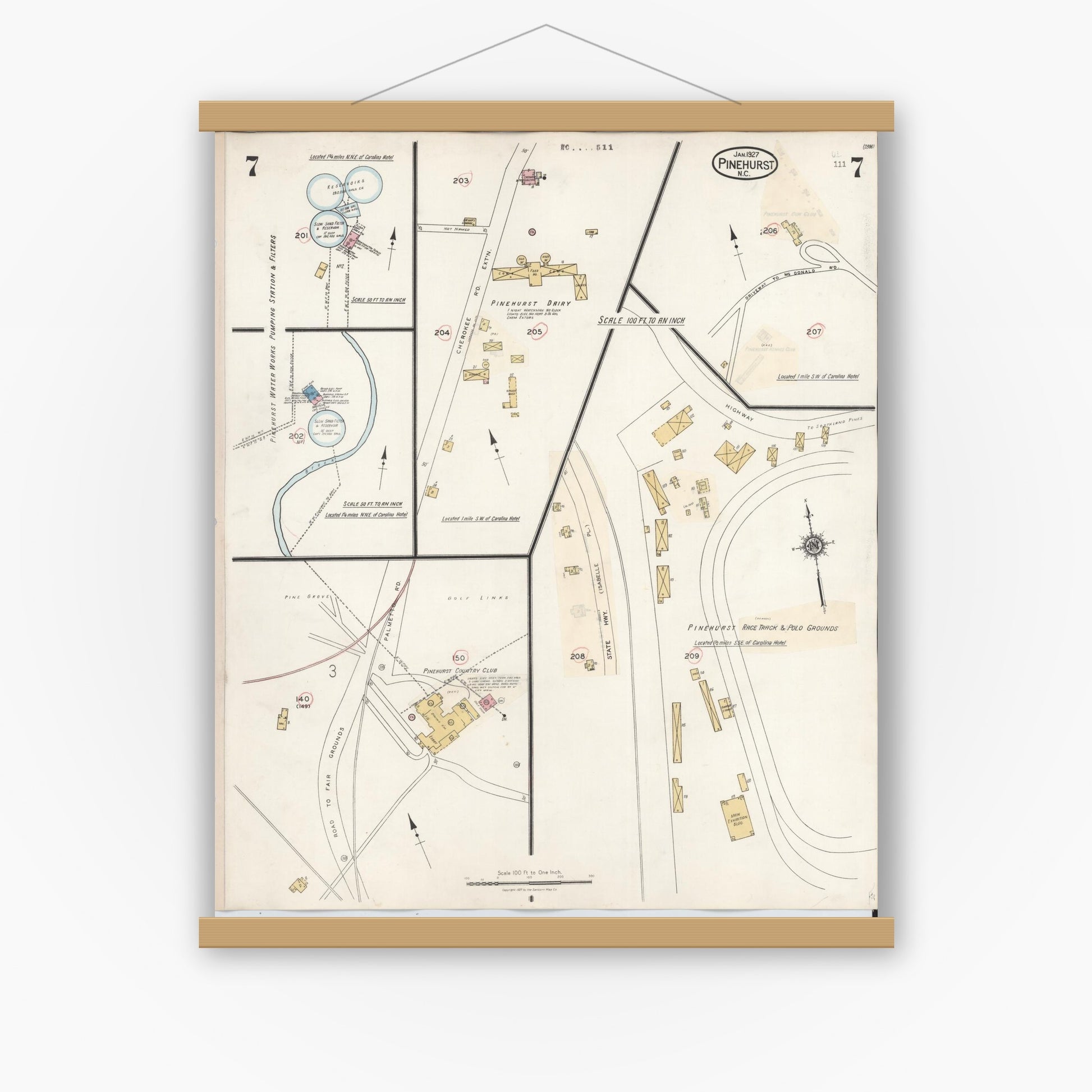 Old map wall art mockup — magnetic wood frame on white wall — Sanborn Fire Insurance Map from Pinehurst, Moore County, North Carolina (1939), Sheet #0007