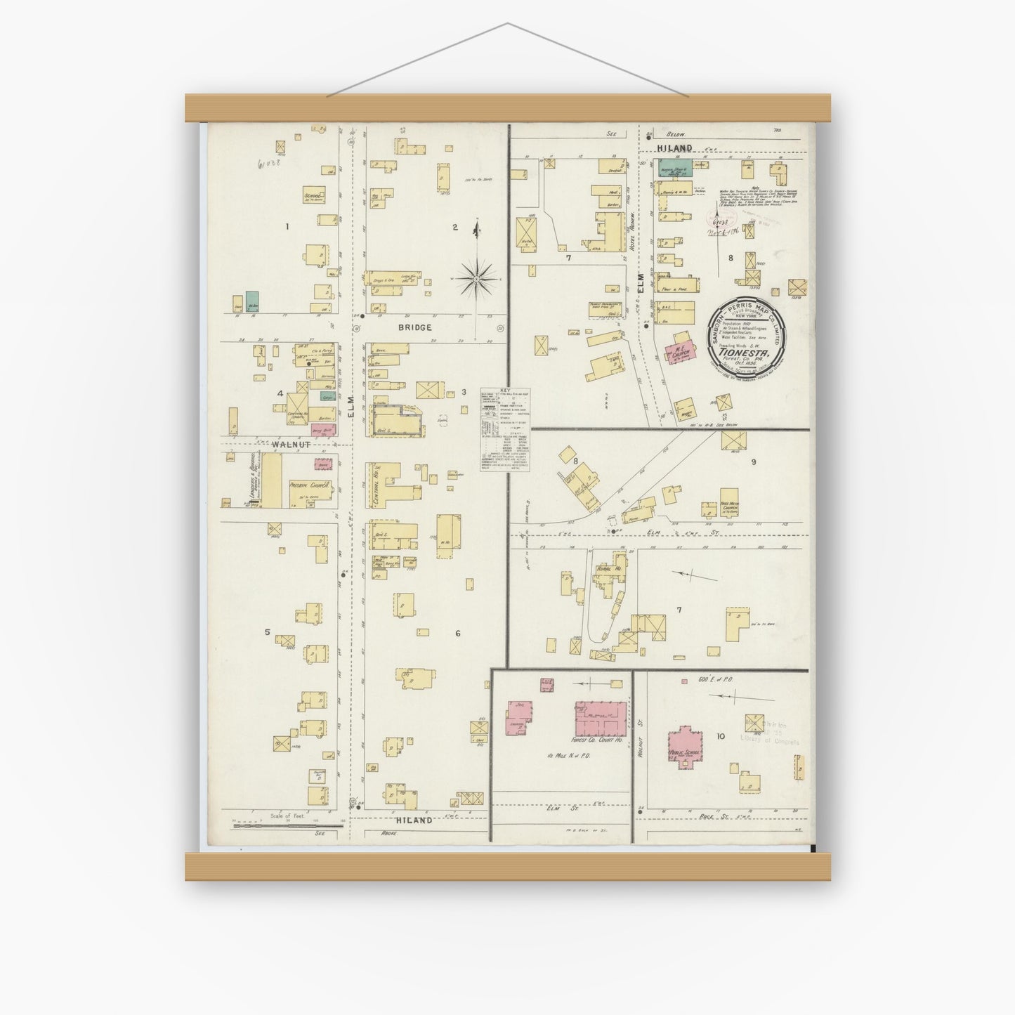 Old map wall art mockup — magnetic wood frame on white wall — Sanborn Fire Insurance Map from Tionesta, Forest County, Pennsylvania (1896), Sheet #0001