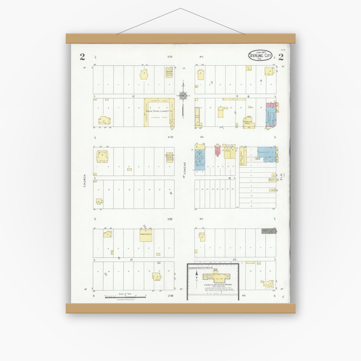Old map wall art mockup — magnetic wood frame on white wall — Sanborn Fire Insurance Map from Sterling City, Sterling County, Texas (1927), Sheet #0002