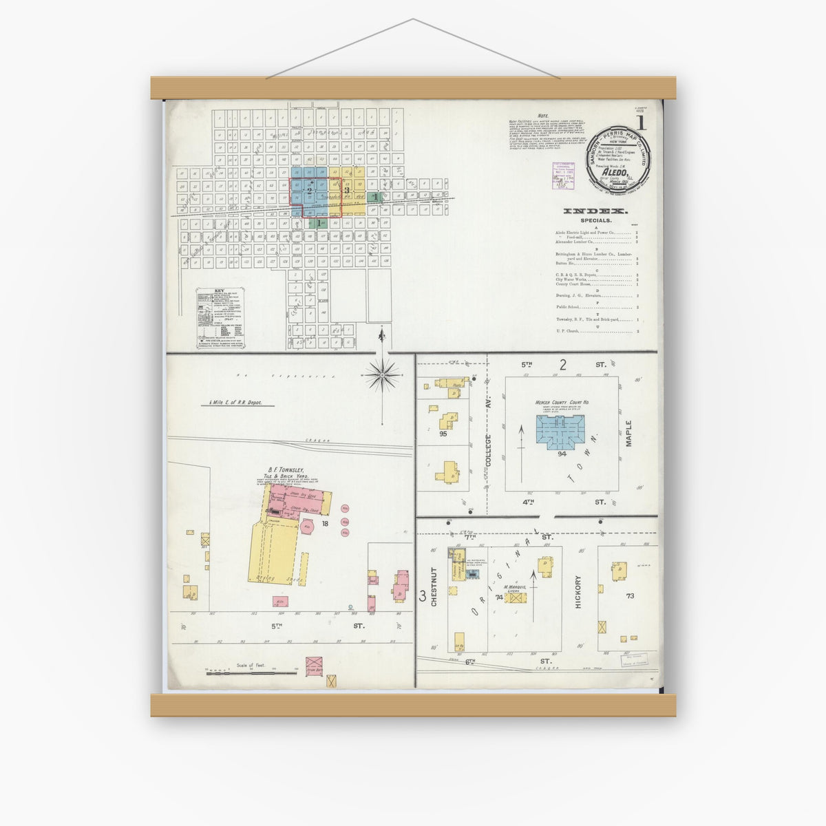 Old map wall art mockup — magnetic wood frame on white wall — Sanborn Fire Insurance Map from Aledo, Mercer County, Illinois (1901) - Complete Map Set