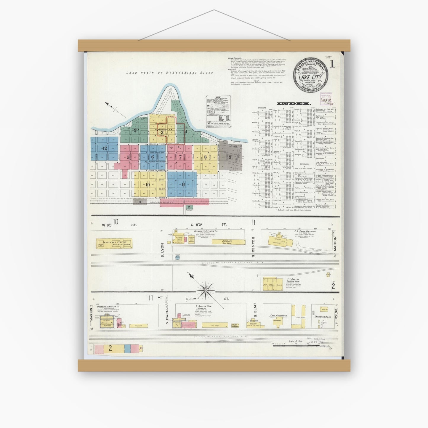 Old map wall art mockup — magnetic wood frame on white wall — Sanborn Fire Insurance Map from Lake City, Wabasha County, Minnesota (1909) - Complete Map Set