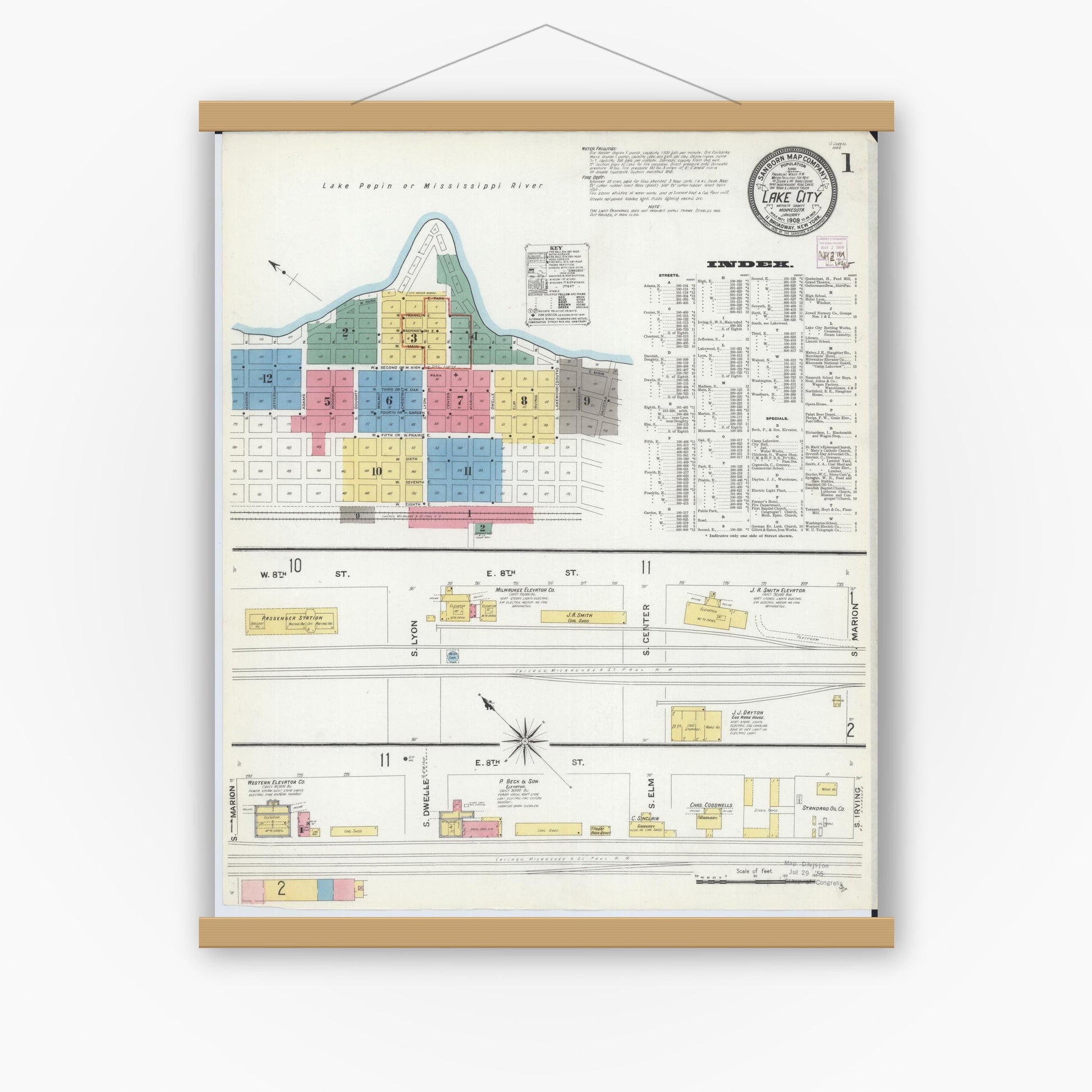 Old map wall art mockup — magnetic wood frame on white wall — Sanborn Fire Insurance Map from Lake City, Wabasha County, Minnesota (1909) - Complete Map Set