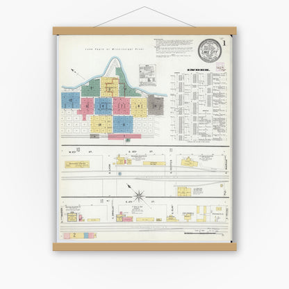Old map wall art mockup — magnetic wood frame on white wall — Sanborn Fire Insurance Map from Lake City, Wabasha County, Minnesota (1909) - Complete Map Set