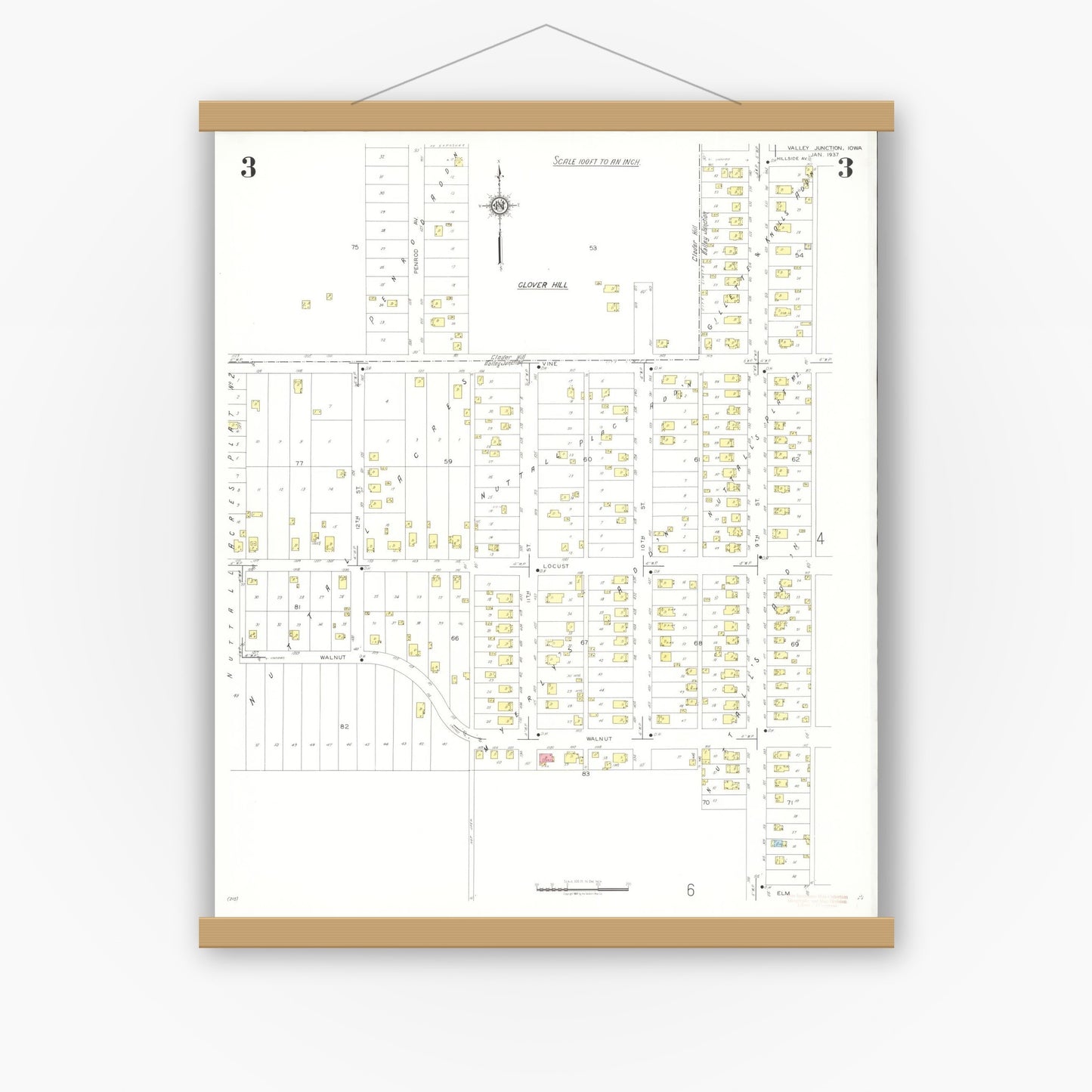 Old map wall art mockup — magnetic wood frame on white wall — Sanborn Fire Insurance Map from Valley Junction, Polk County, Iowa (1937), Sheet #0003