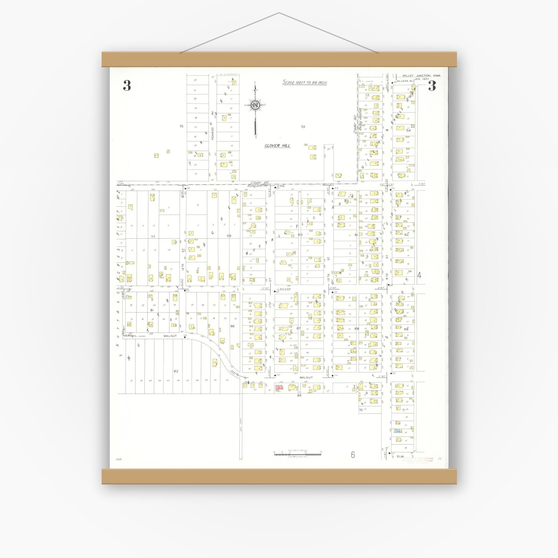 Old map wall art mockup — magnetic wood frame on white wall — Sanborn Fire Insurance Map from Valley Junction, Polk County, Iowa (1937), Sheet #0003