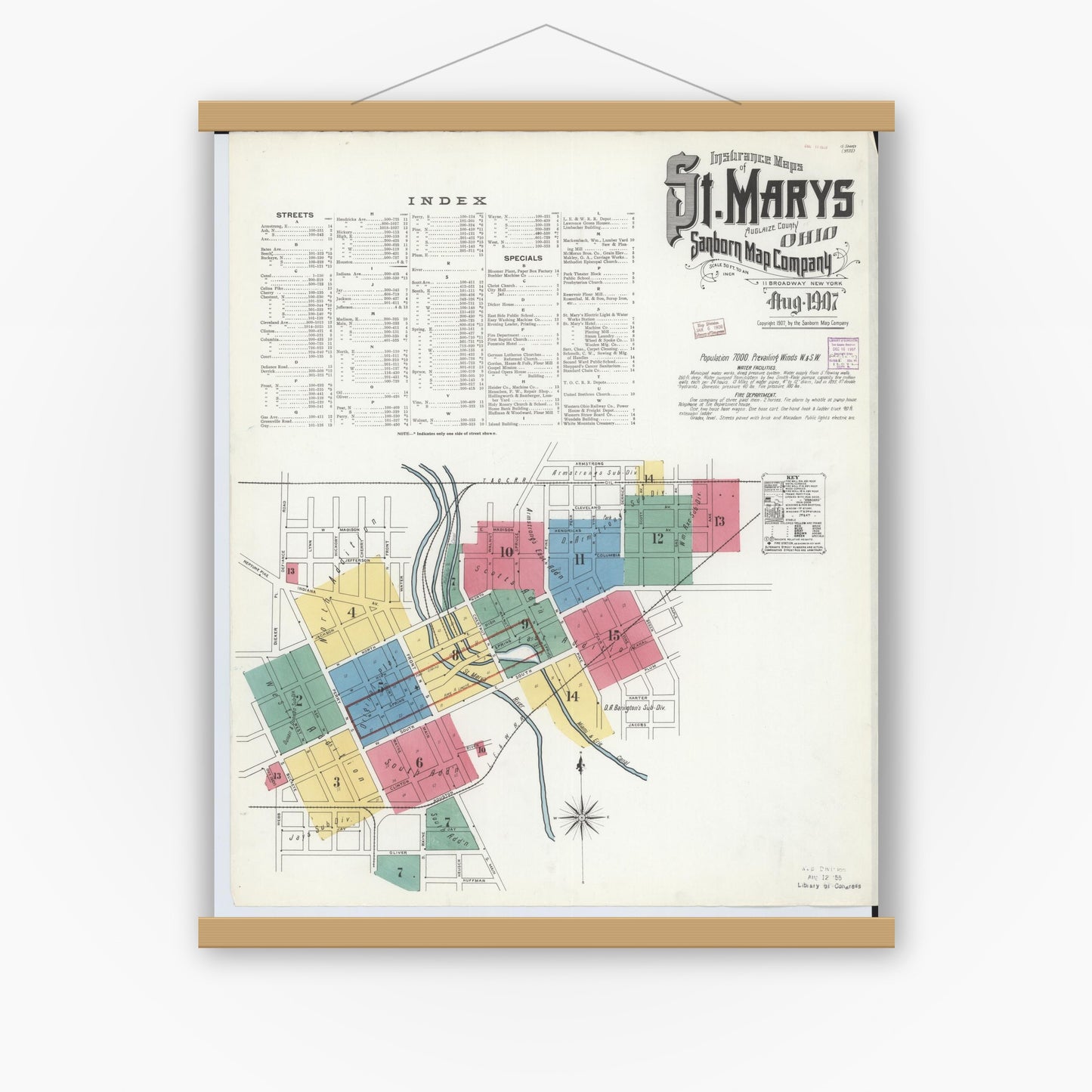 Old map wall art mockup — magnetic wood frame on white wall — Sanborn Fire Insurance Map from Saint Marys, Auglaize County, Ohio (1907) - Complete Map Set