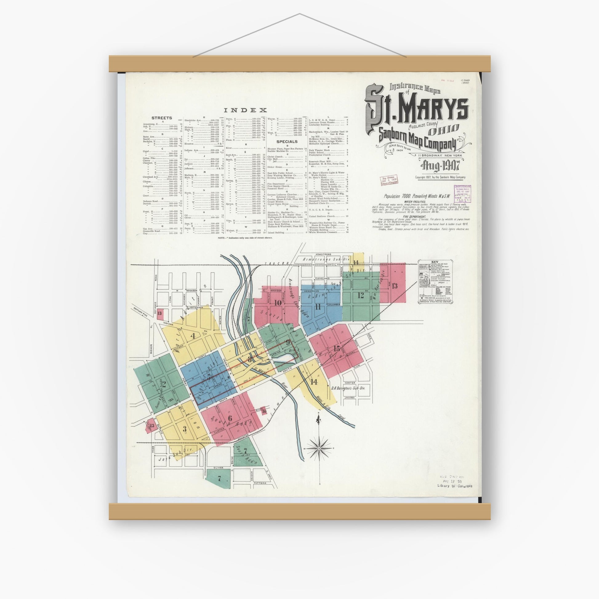 Old map wall art mockup — magnetic wood frame on white wall — Sanborn Fire Insurance Map from Saint Marys, Auglaize County, Ohio (1907) - Complete Map Set