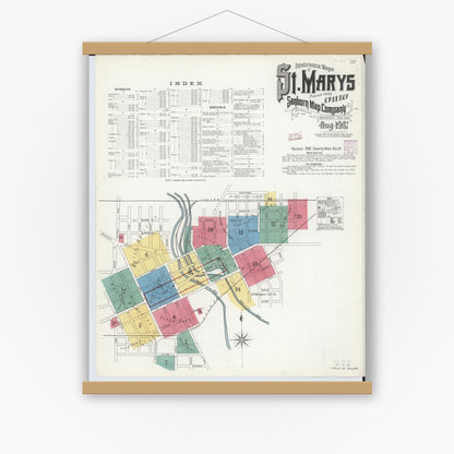 Old map wall art mockup — magnetic wood frame on white wall — Sanborn Fire Insurance Map from Saint Marys, Auglaize County, Ohio (1907) - Complete Map Set