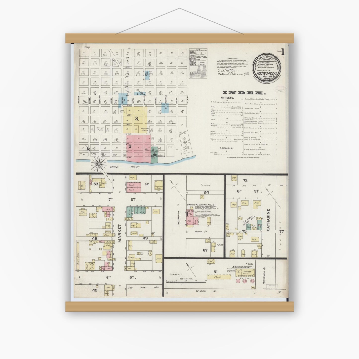 Old map wall art mockup — magnetic wood frame on white wall — Sanborn Fire Insurance Map from Metropolis, Massac County, Illinois (1888), Sheet #0001