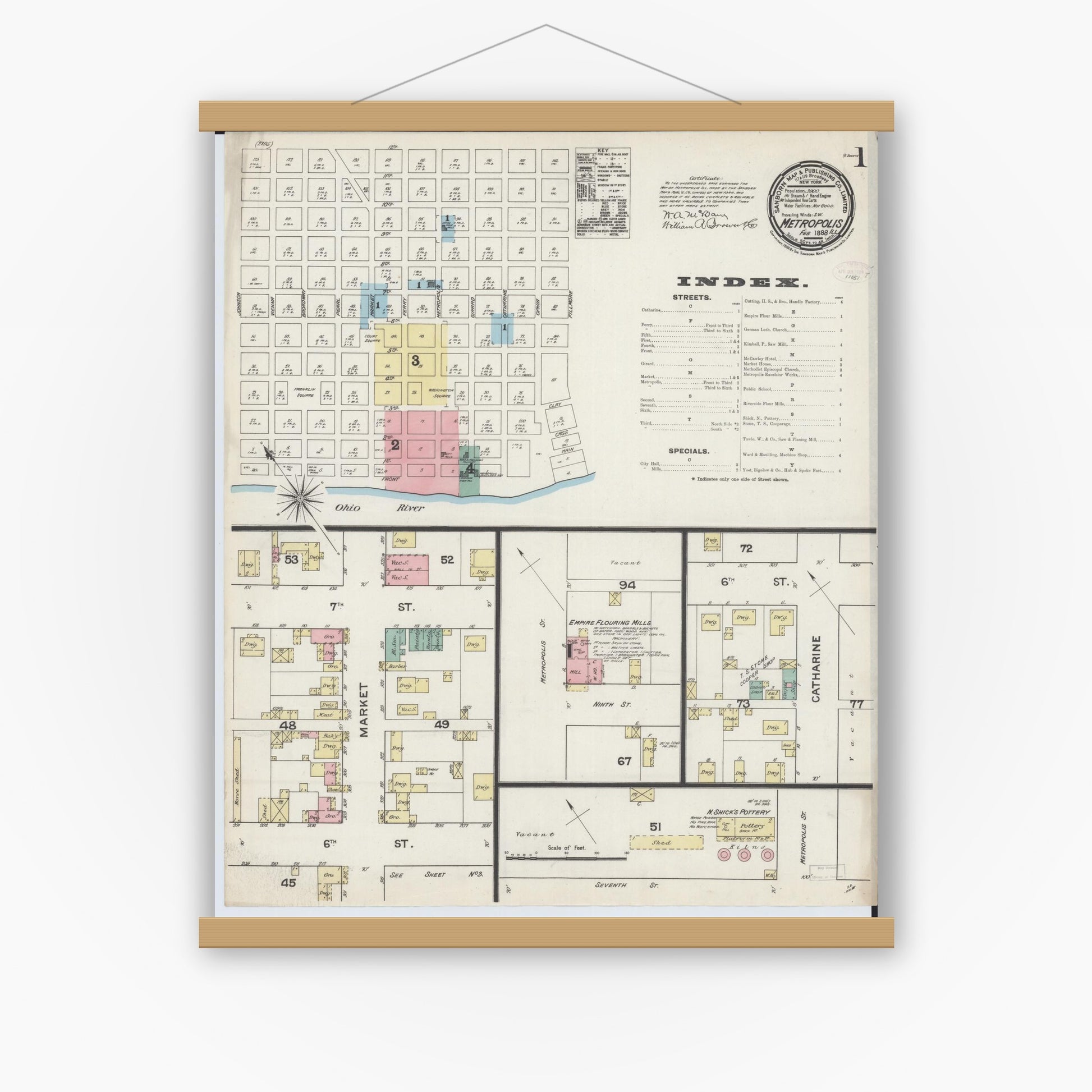 Old map wall art mockup — magnetic wood frame on white wall — Sanborn Fire Insurance Map from Metropolis, Massac County, Illinois (1888), Sheet #0001