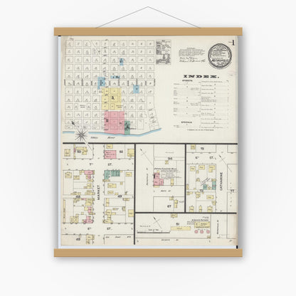 Old map wall art mockup — magnetic wood frame on white wall — Sanborn Fire Insurance Map from Metropolis, Massac County, Illinois (1888), Sheet #0001