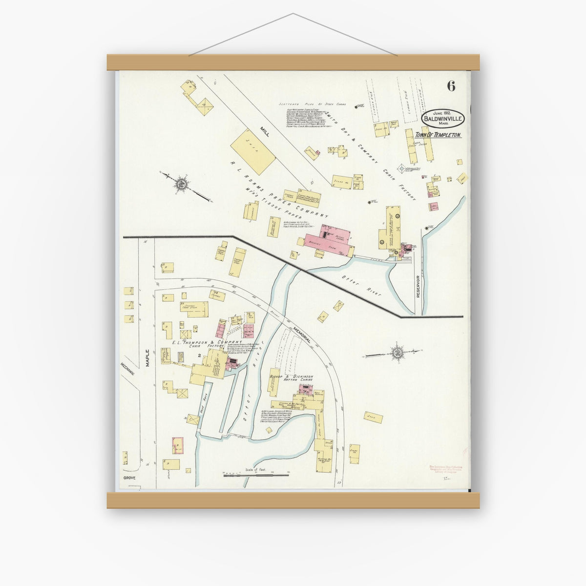 Old map wall art mockup — magnetic wood frame on white wall — Sanborn Fire Insurance Map from Baldwinville, Worcester County, Massachusetts (1912), Sheet #0006
