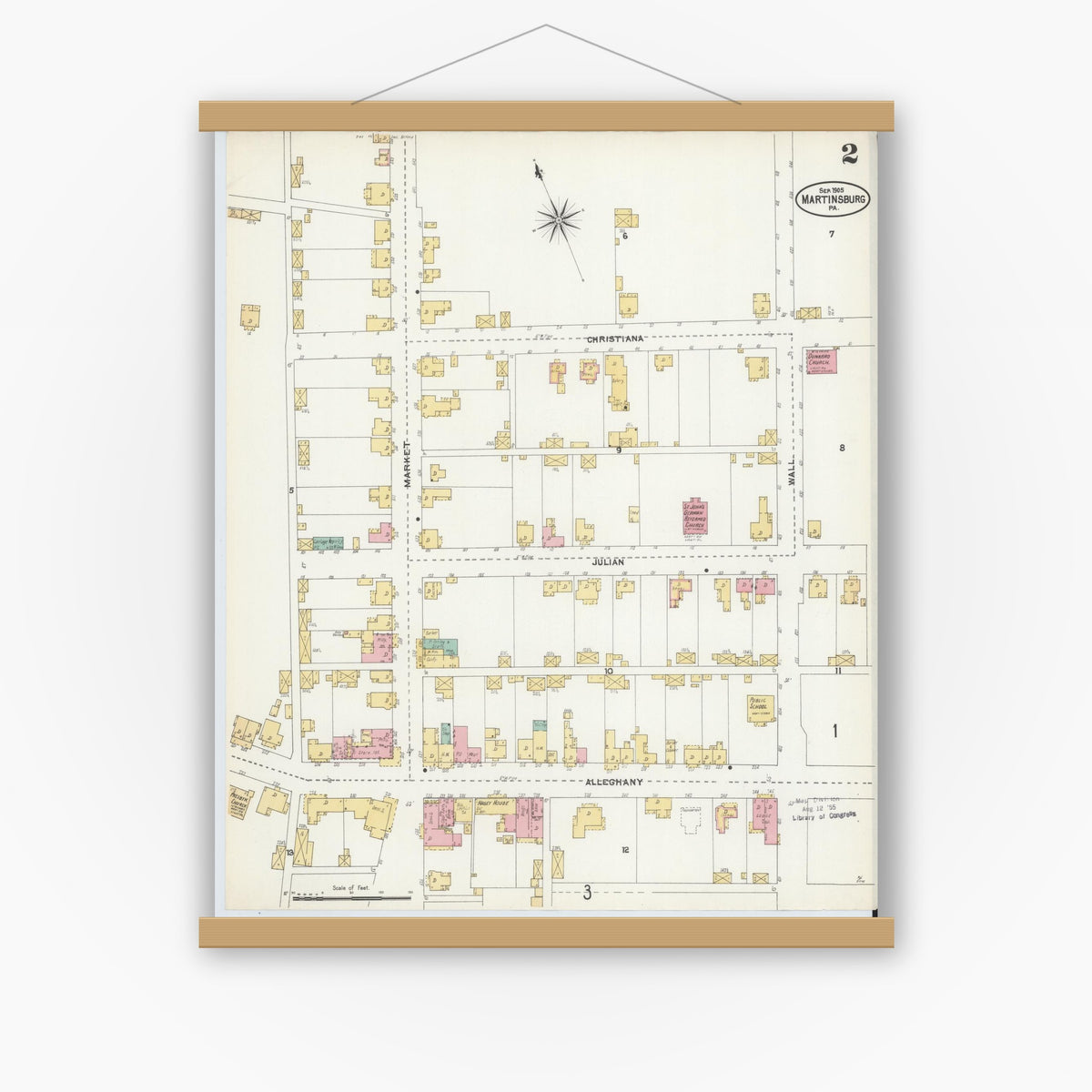 Old map wall art mockup — magnetic wood frame on white wall — Sanborn Fire Insurance Map from Martinsburg, Blair County, Pennsylvania (1905), Sheet #0002