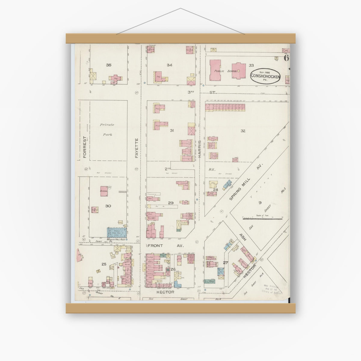 Old map wall art mockup — magnetic wood frame on white wall — Sanborn Fire Insurance Map from Conshohocken, Montgomery County, Pennsylvania (1886), Sheet #0006