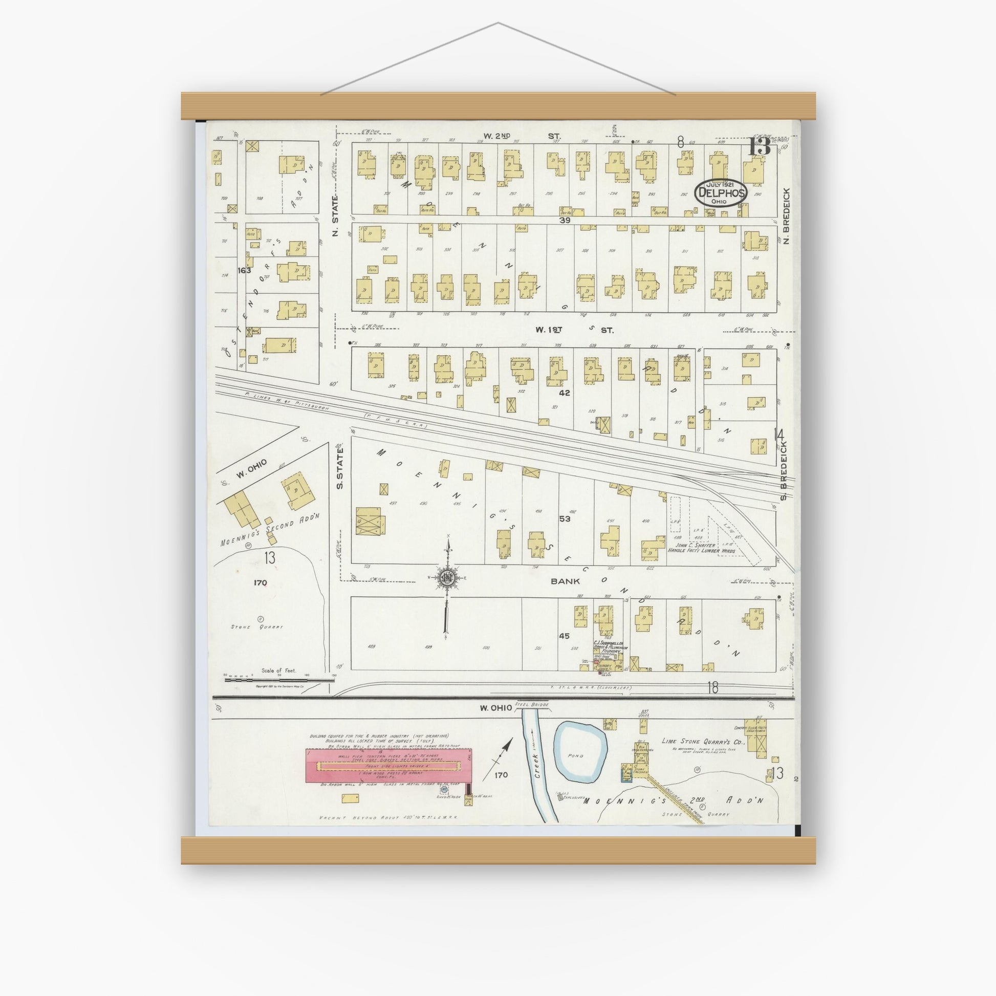 Old map wall art mockup — magnetic wood frame on white wall — Sanborn Fire Insurance Map from Delphos, Van Wert And Allen Counties, Ohio (1921), Sheet #0013