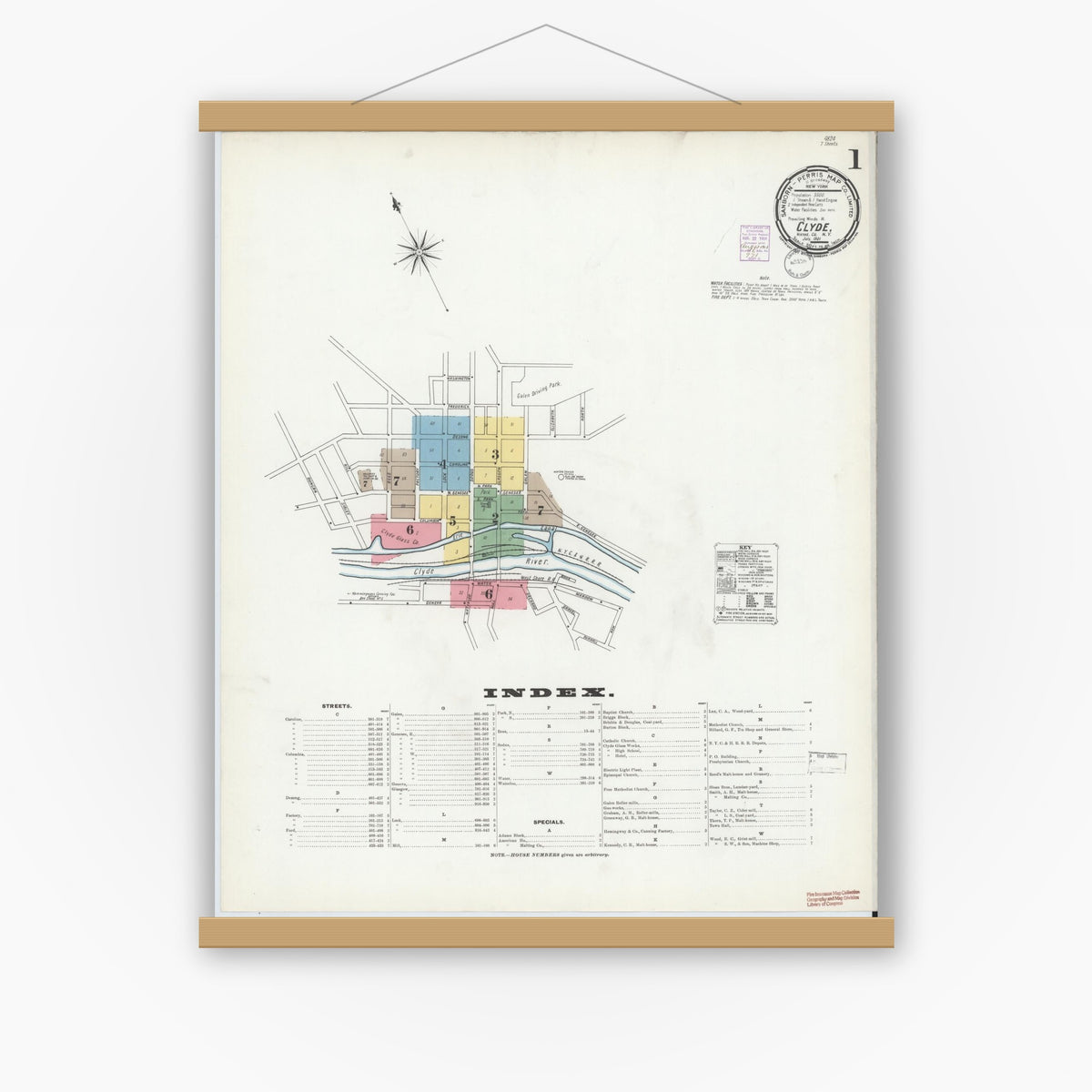 Old map wall art mockup — magnetic wood frame on white wall — Sanborn Fire Insurance Map from Clyde, Wayne County, New York (1901) - Complete Map Set