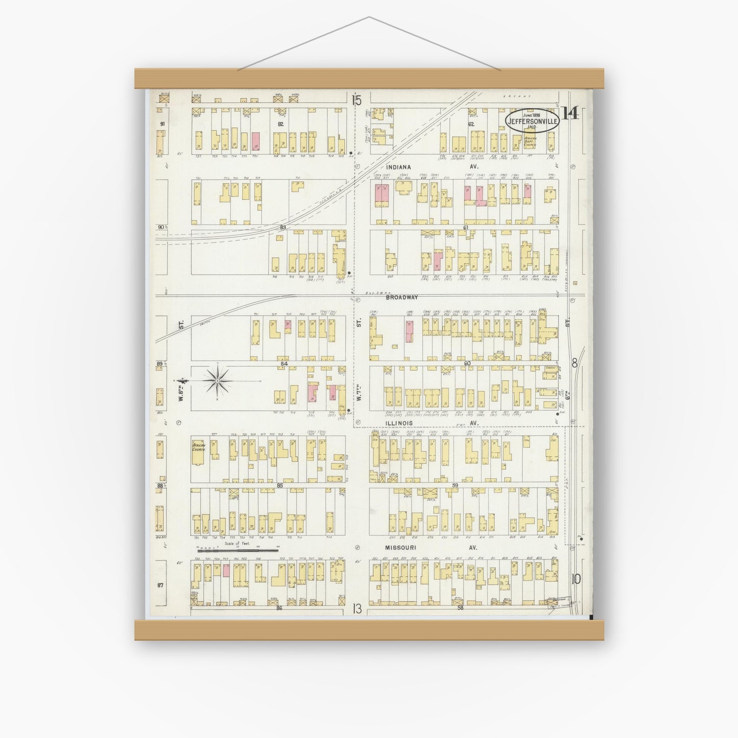 Old map wall art mockup — magnetic wood frame on white wall — Sanborn Fire Insurance Map from Jeffersonville, Clark County, Indiana (1898), Sheet #0014