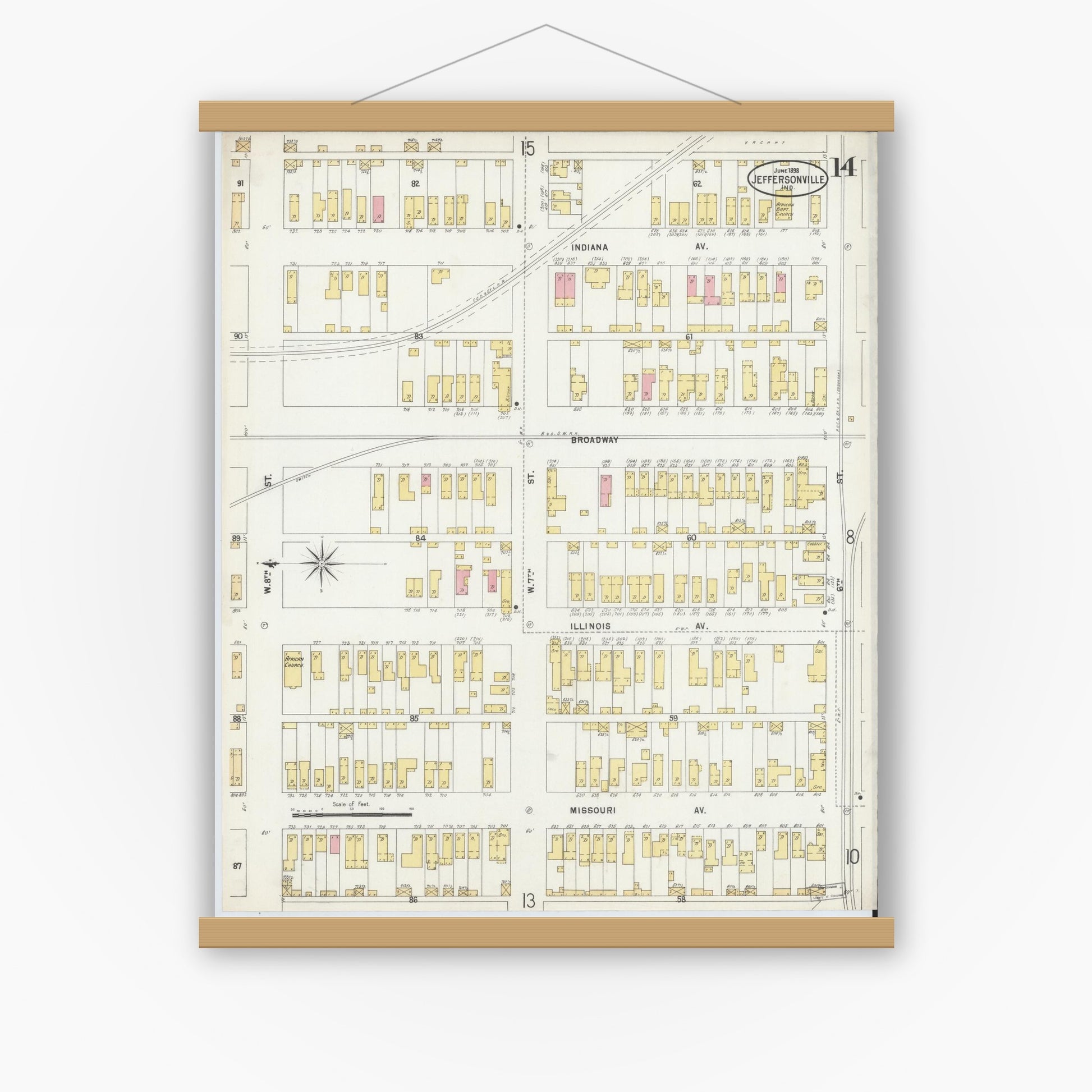 Old map wall art mockup — magnetic wood frame on white wall — Sanborn Fire Insurance Map from Jeffersonville, Clark County, Indiana (1898), Sheet #0014