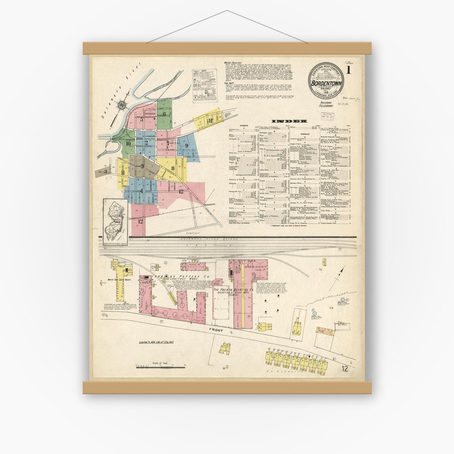 Old map wall art mockup — magnetic wood frame on white wall — Sanborn Fire Insurance Map from Bordentown, Burlington County, New Jersey (1915), Sheet #0001