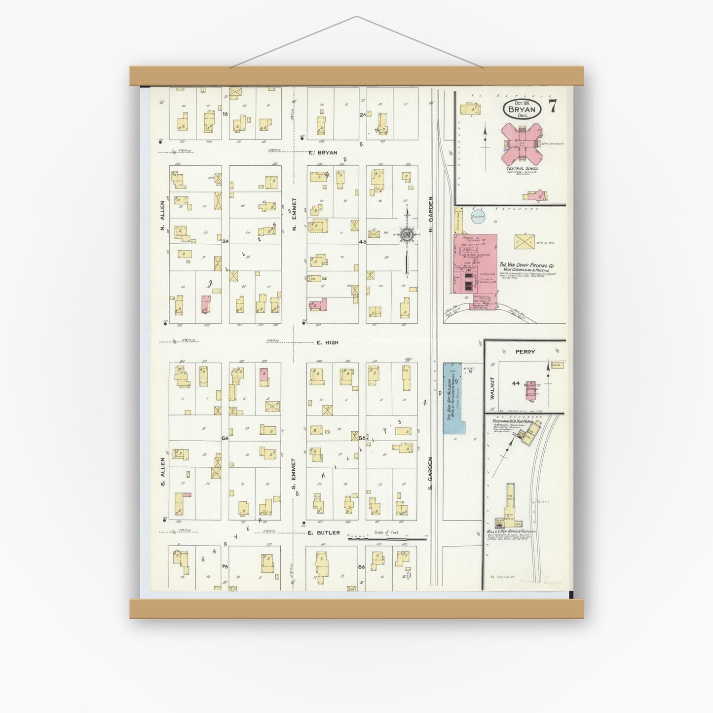 Old map wall art mockup — magnetic wood frame on white wall — Sanborn Fire Insurance Map from Bryan, Williams County, Ohio (1911), Sheet #0007