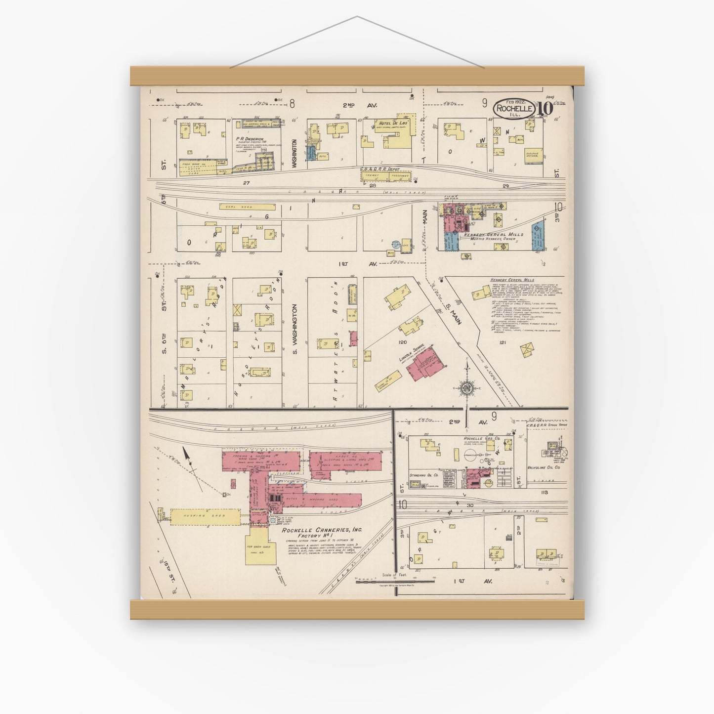 Old map wall art mockup — magnetic wood frame on white wall — Sanborn Fire Insurance Map from Rochelle, Ogle County, Illinois (1922), Sheet #0010