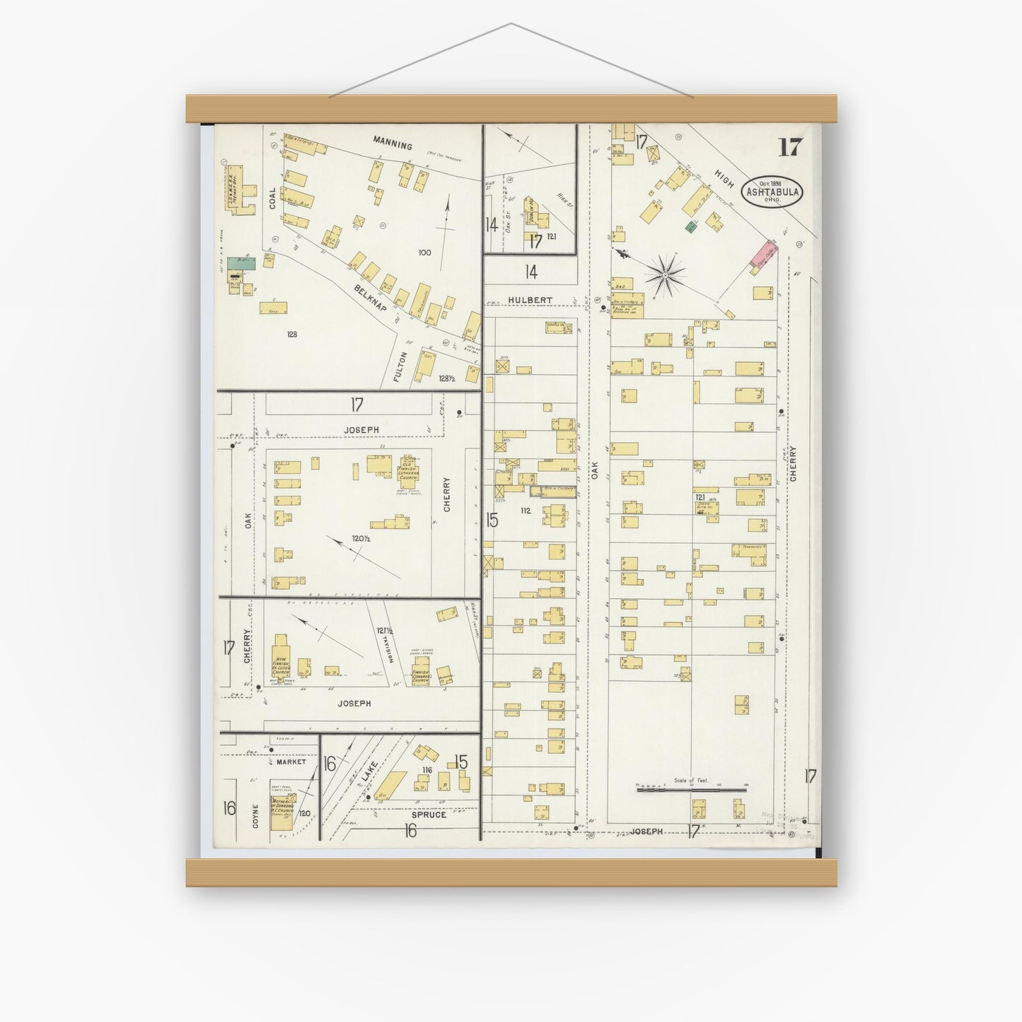 Old map wall art mockup — magnetic wood frame on white wall — Sanborn Fire Insurance Map from Ashtabula, Ashtabula County, Ohio (1898), Sheet #0017