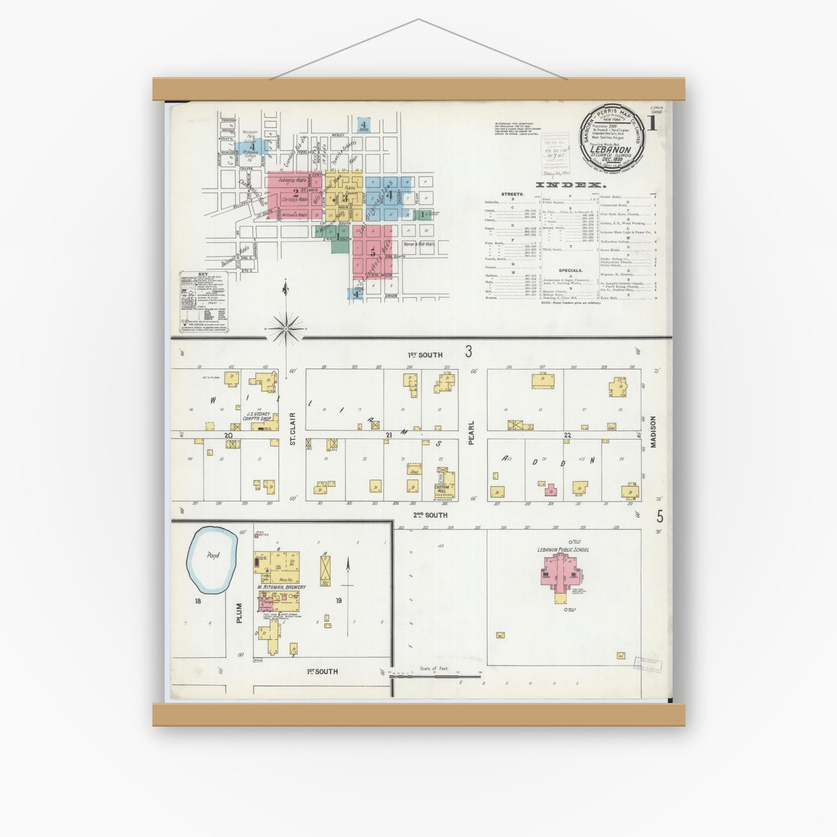 Old map wall art mockup — magnetic wood frame on white wall — Sanborn Fire Insurance Map from Lebanon, Saint Clair County, Illinois (1899) - Complete Map Set