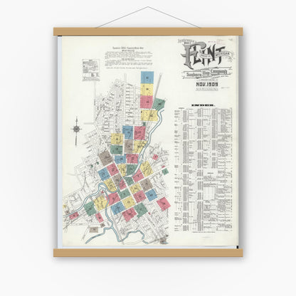 Old map wall art mockup — magnetic wood frame on white wall — Sanborn Fire Insurance Map from Flint, Genesee County, Michigan (1909) - Complete Map Set