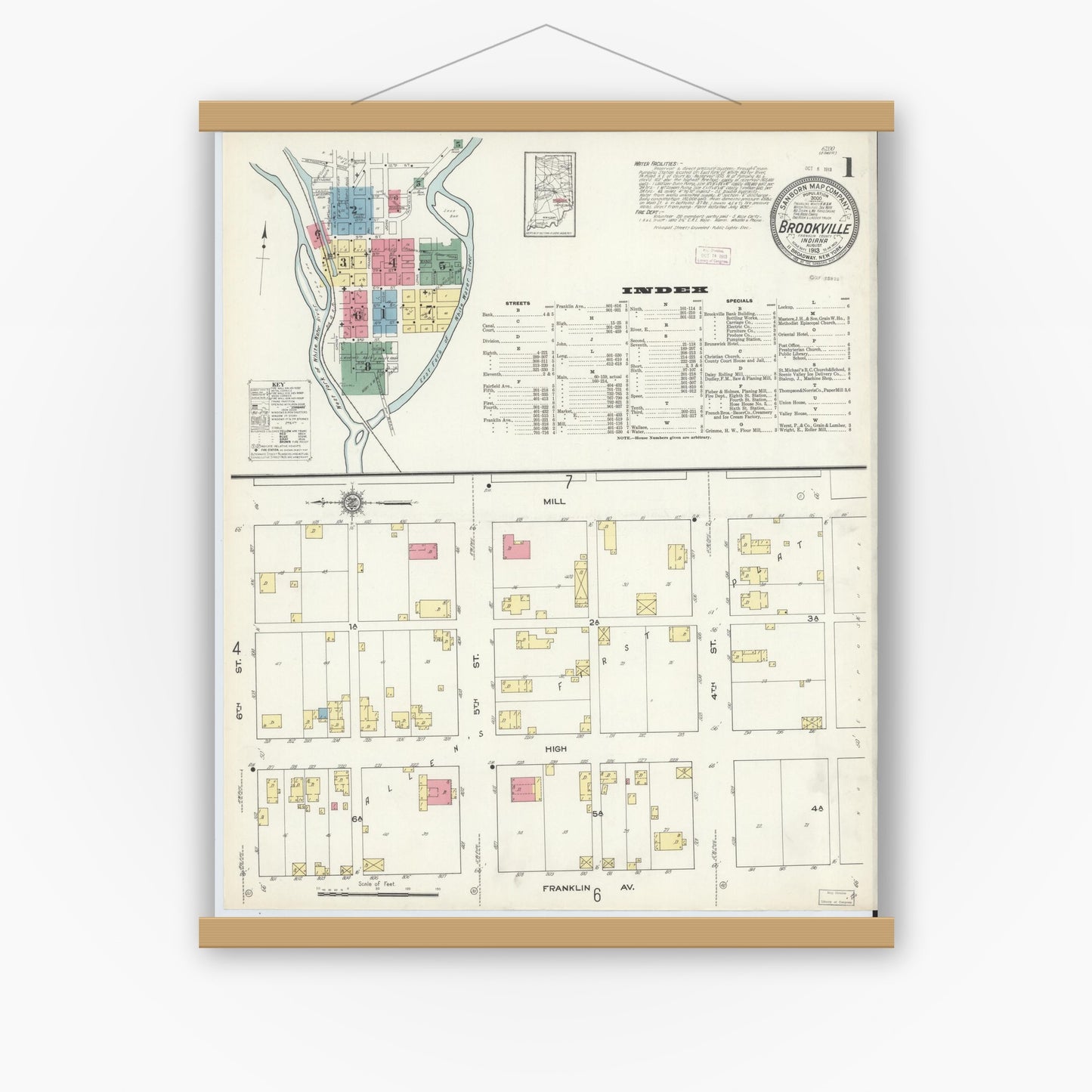 Old map wall art mockup — magnetic wood frame on white wall — Sanborn Fire Insurance Map from Brookville, Franklin County, Indiana (1913) - Complete Map Set