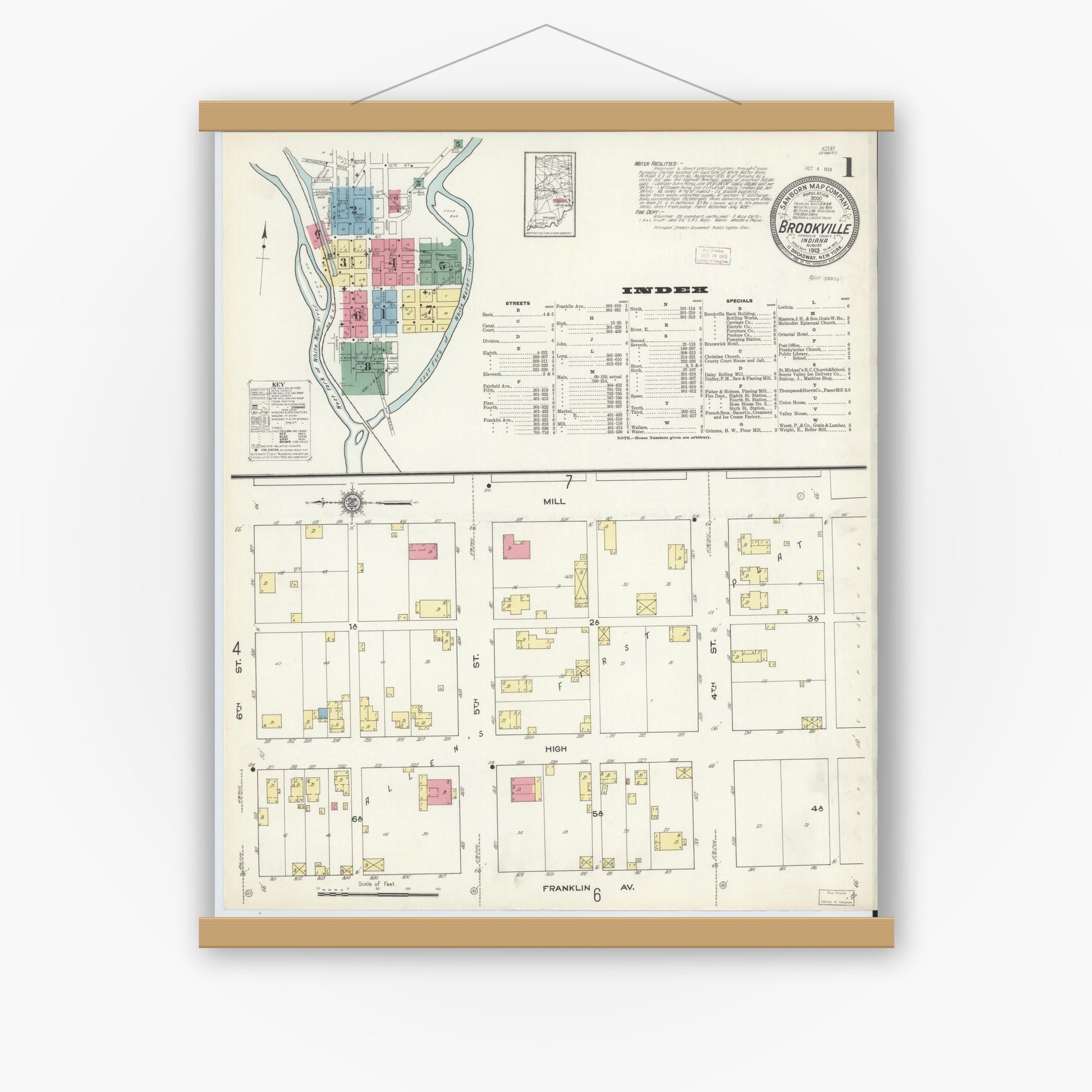 Old map wall art mockup — magnetic wood frame on white wall — Sanborn Fire Insurance Map from Brookville, Franklin County, Indiana (1913) - Complete Map Set
