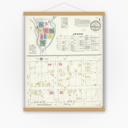 Old map wall art mockup — magnetic wood frame on white wall — Sanborn Fire Insurance Map from Brookville, Franklin County, Indiana (1913) - Complete Map Set