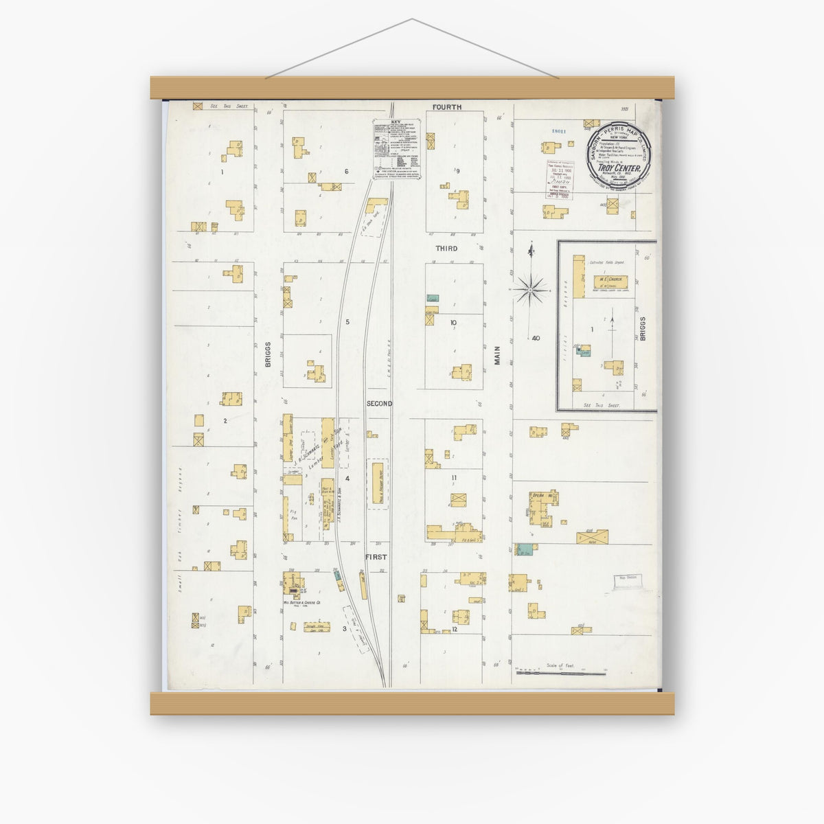 Old map wall art mockup — magnetic wood frame on white wall — Sanborn Fire Insurance Map from Troy Center, Walworth County, Wisconsin (1900), Sheet #0001