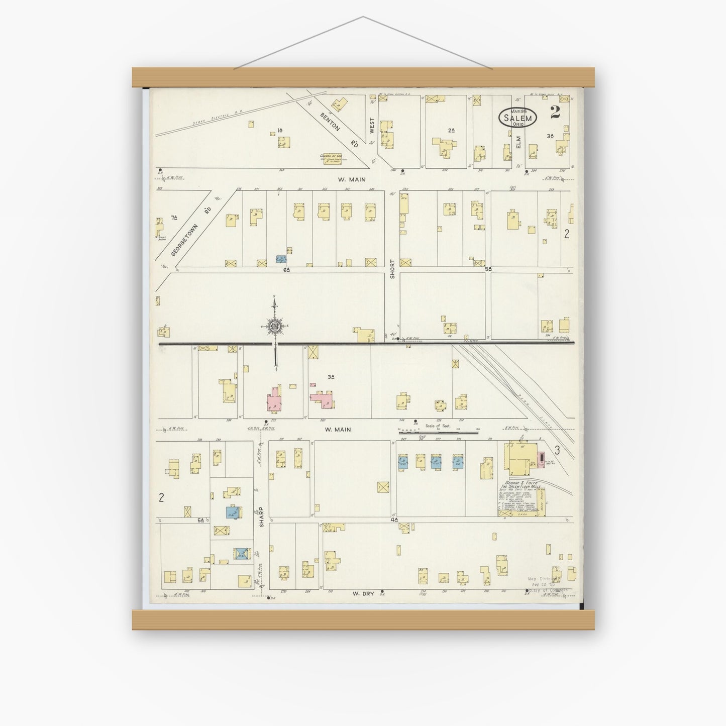 Old map wall art mockup — magnetic wood frame on white wall — Sanborn Fire Insurance Map from Salem, Columbiana County, Ohio (1915), Sheet #0002