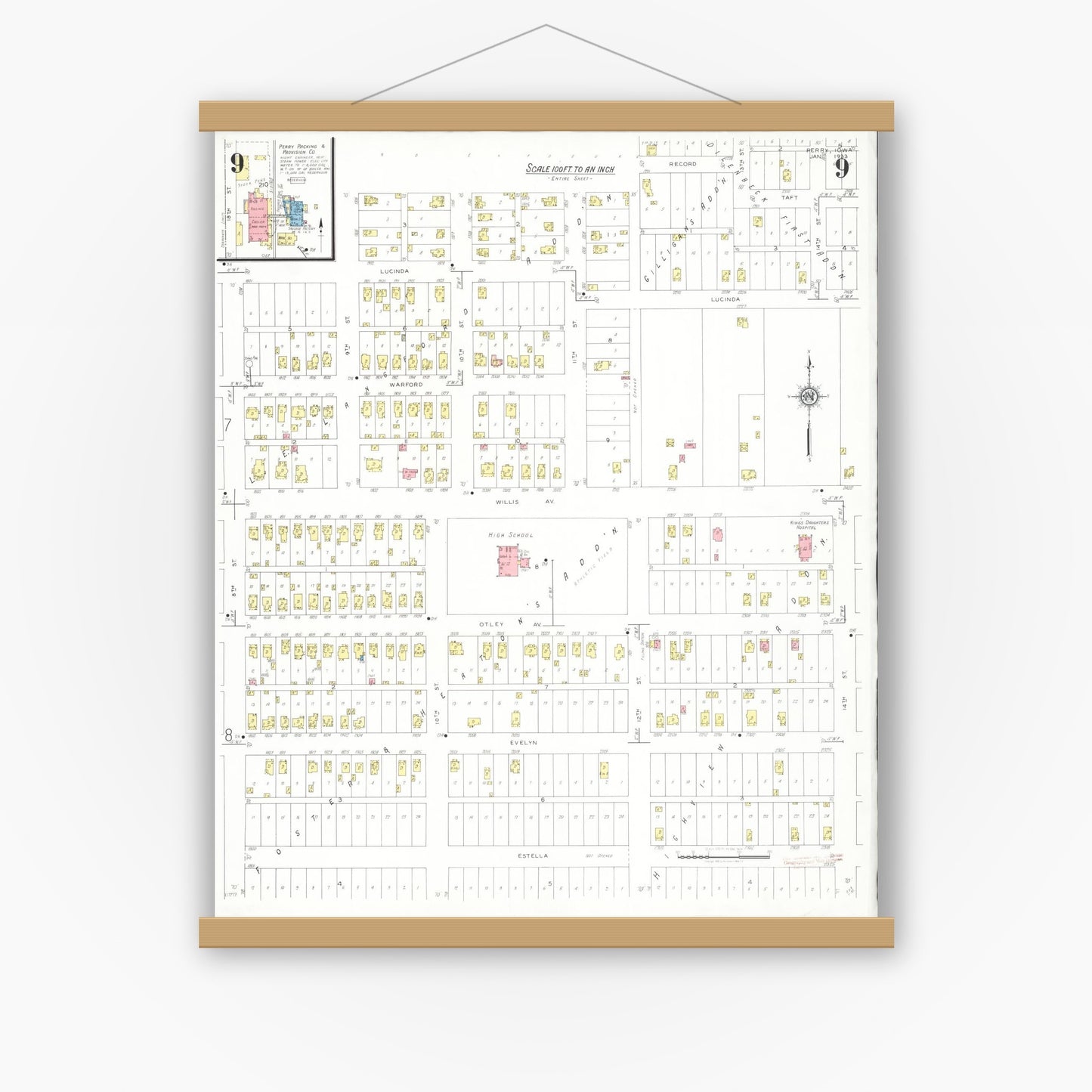 Old map wall art mockup — magnetic wood frame on white wall — Sanborn Fire Insurance Map from Perry, Dallas County, Iowa (1933), Sheet #0009