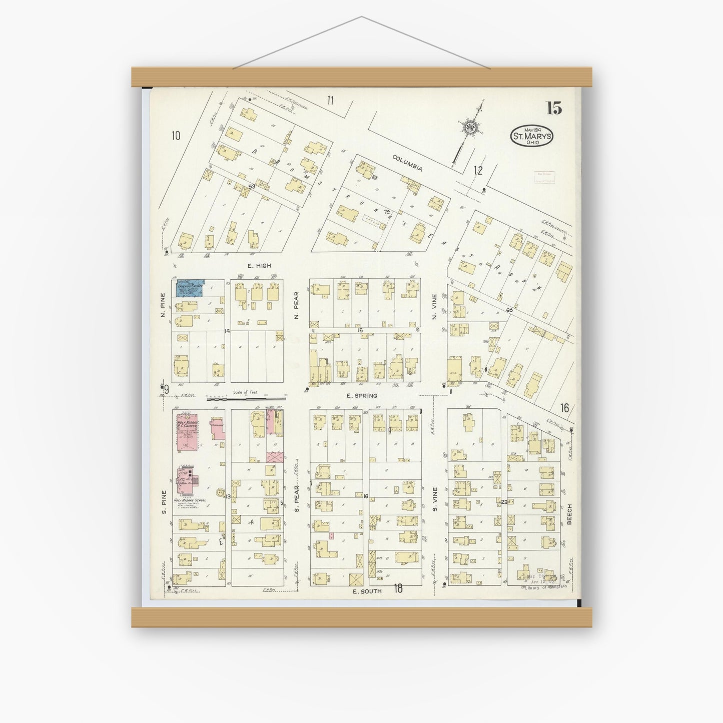 Old map wall art mockup — magnetic wood frame on white wall — Sanborn Fire Insurance Map from Saint Marys, Auglaize County, Ohio (1914), Sheet #0015